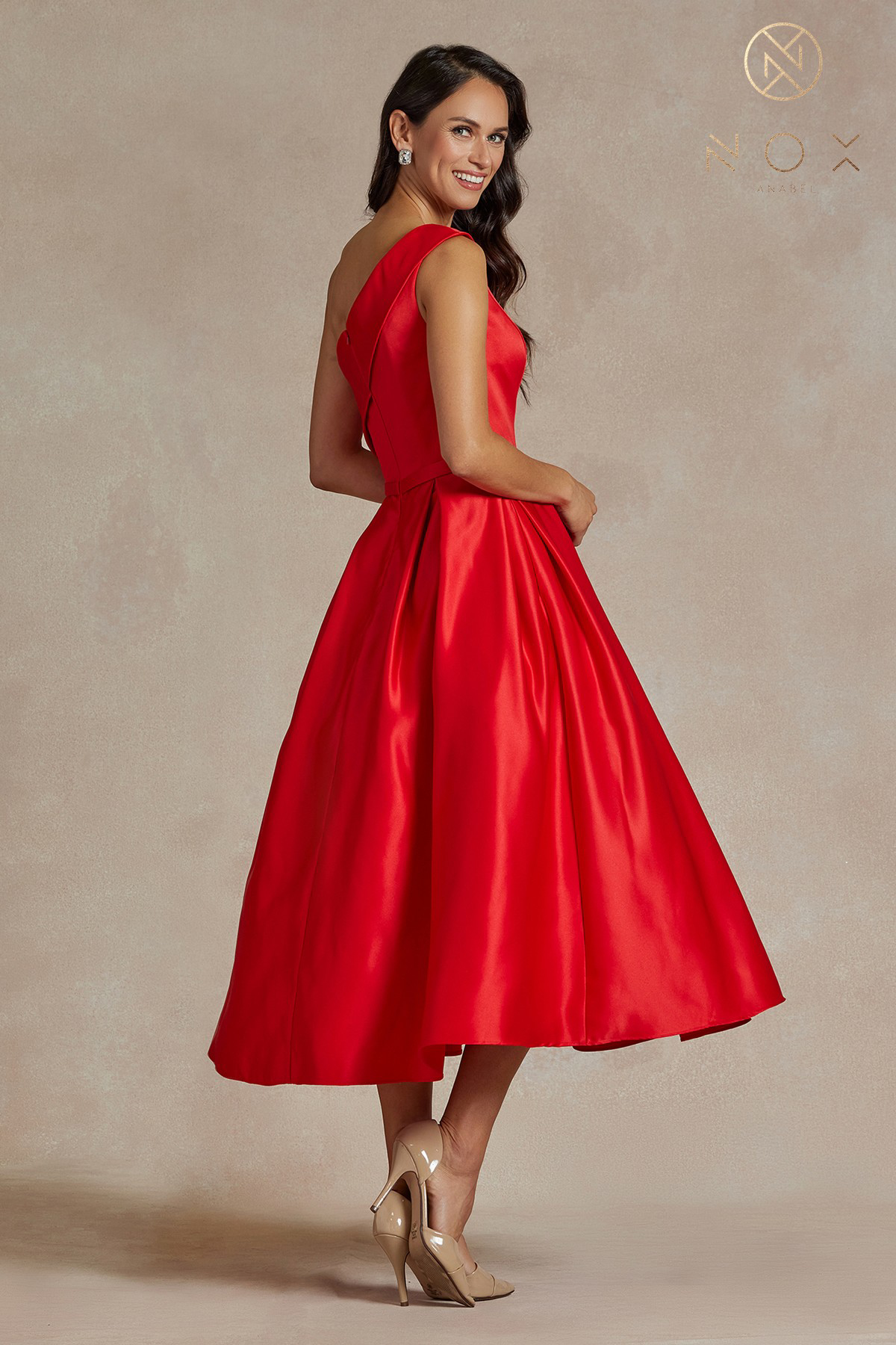 Shiny Satin One-Shoulder Tea-Length Dress and Back Zipper — Nox Anabel JE931