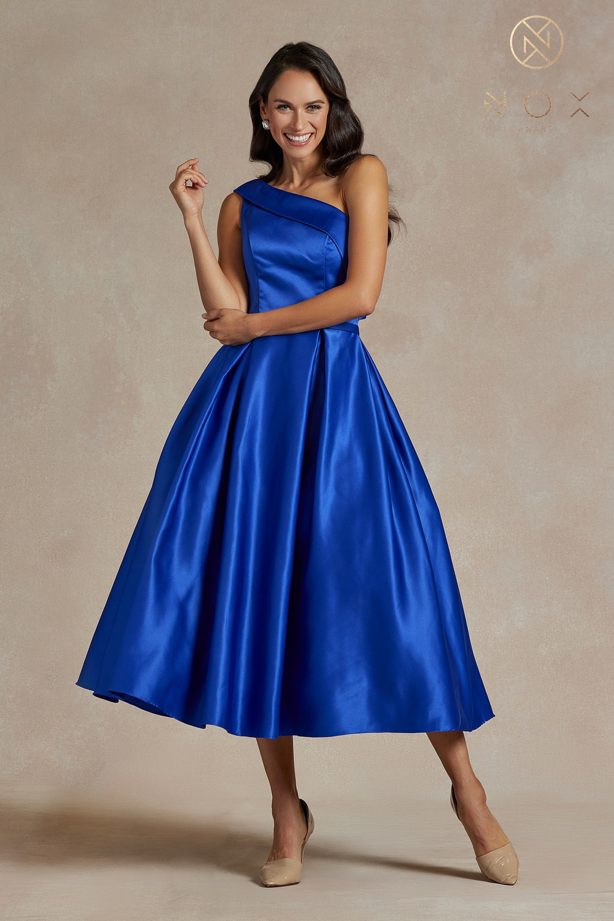 Shiny Satin One-Shoulder Tea-Length Dress and Back Zipper — Nox Anabel JE931