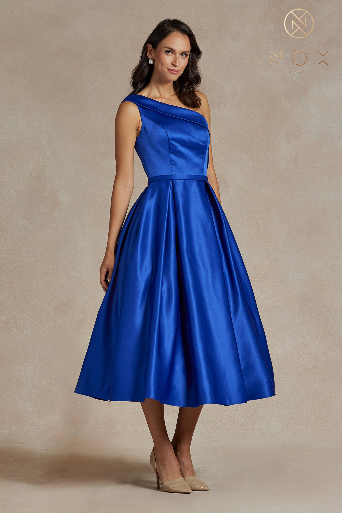 Shiny Satin One-Shoulder Tea-Length Dress and Back Zipper — Nox Anabel JE931