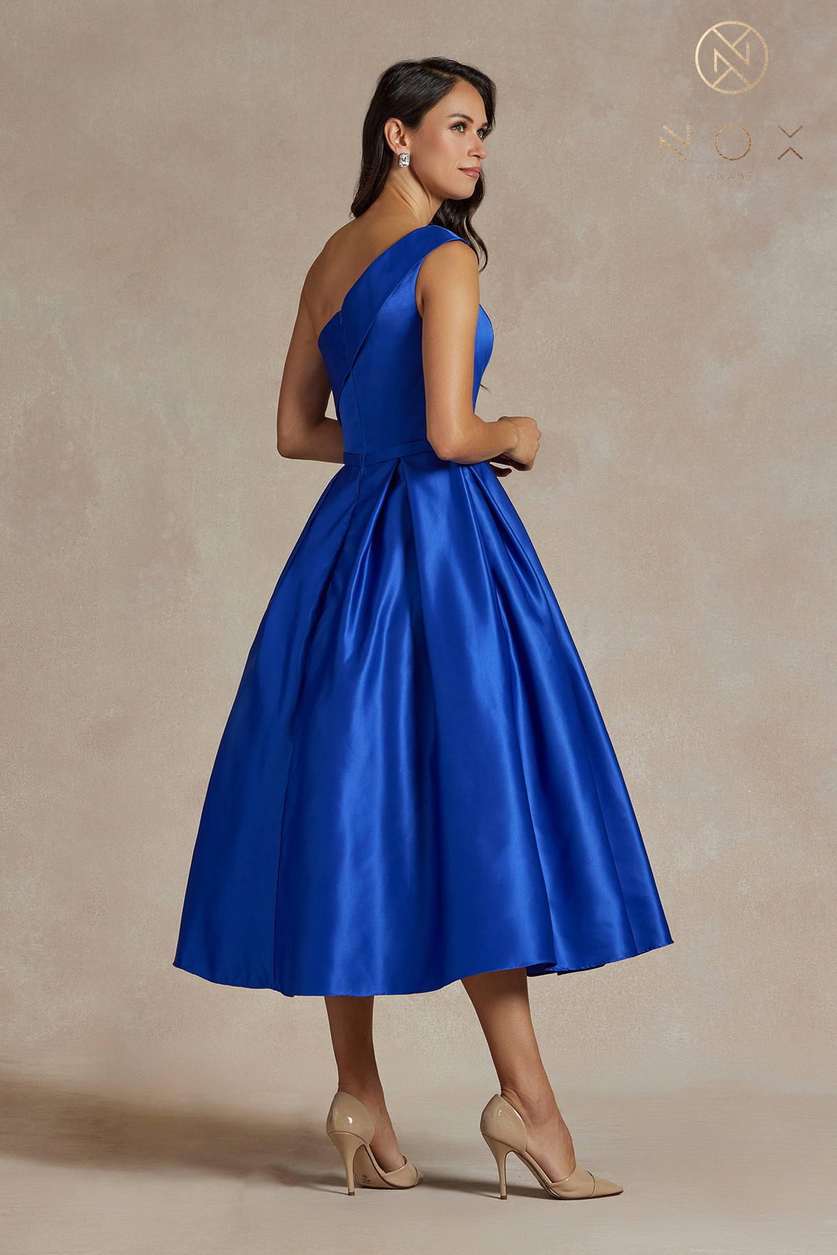 Shiny Satin One-Shoulder Tea-Length Dress and Back Zipper — Nox Anabel JE931