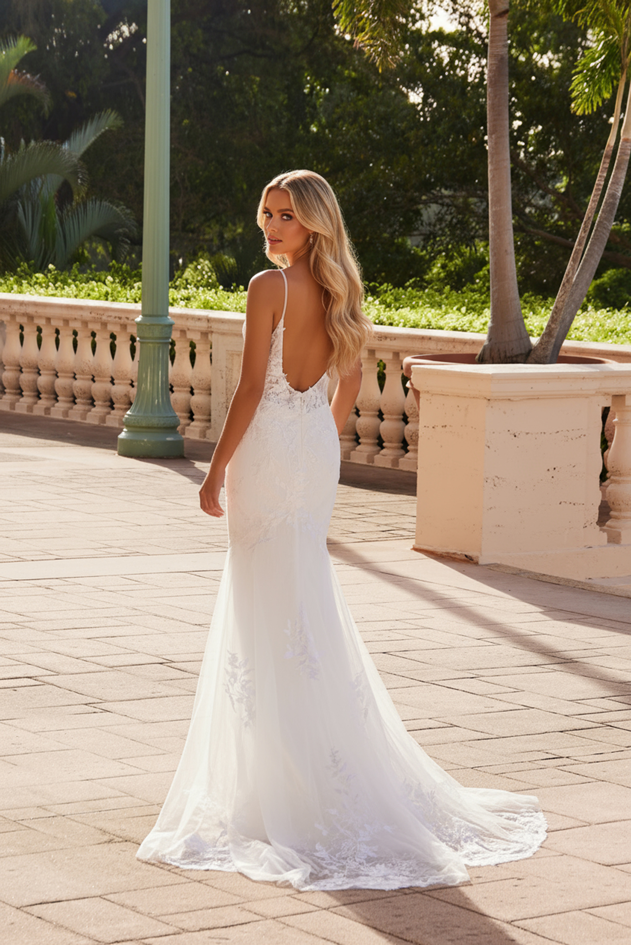 Low Back Flower Embroidered Tulle Wedding Gown — Nox Anabel JW239