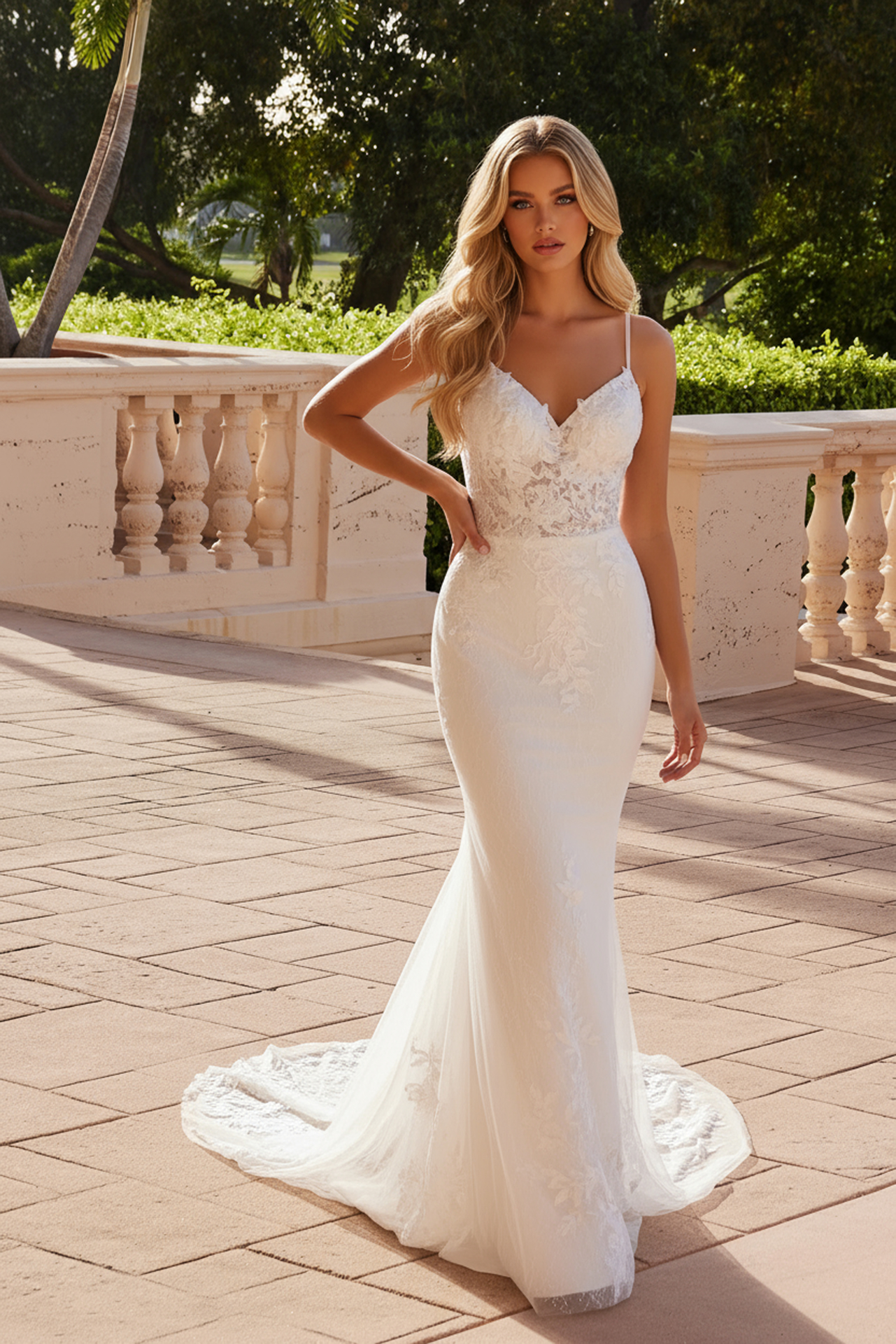 Low Back Flower Embroidered Tulle Wedding Gown — Nox Anabel JW239