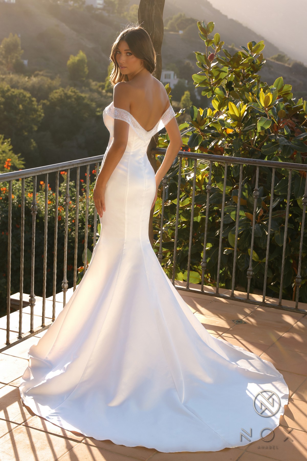 Satin Off Shoulder Deep V-Neck Mermaid Wedding Dress — Nox Anabel JW979