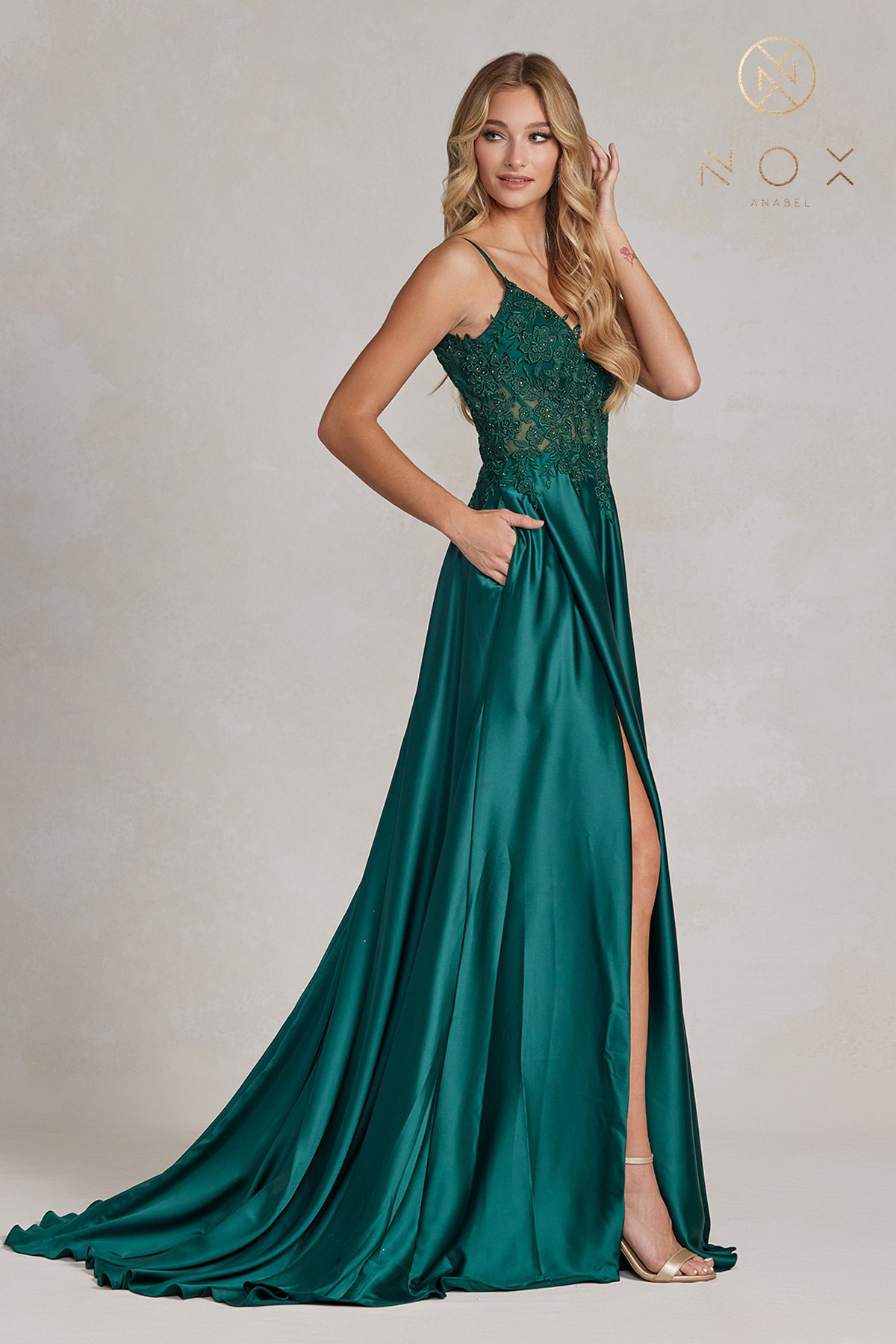 Embroidered Corset Gown with A-Line Satin Skirt — Nox Anabel K1121