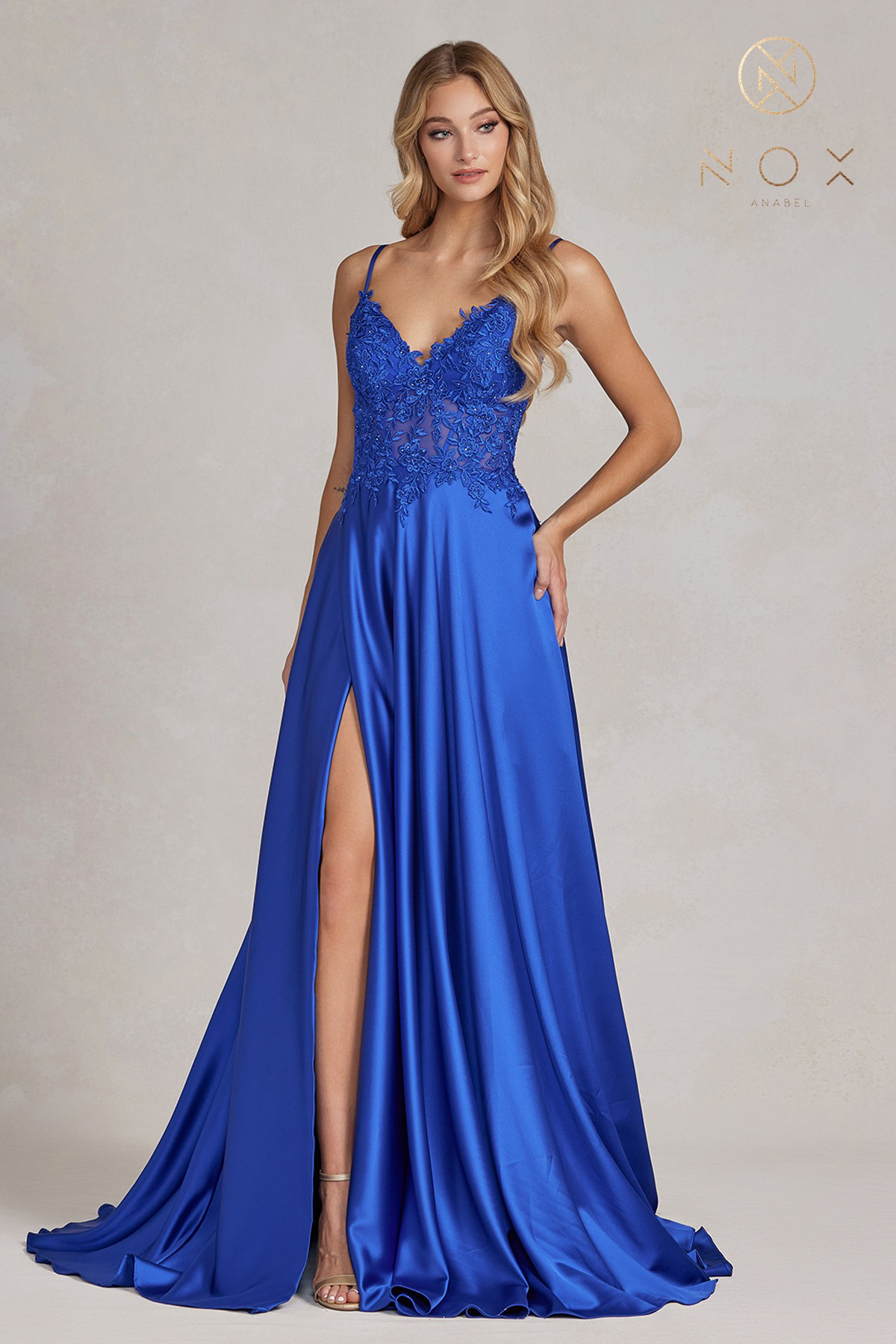 Embroidered Corset Gown with A-Line Satin Skirt — Nox Anabel K1121