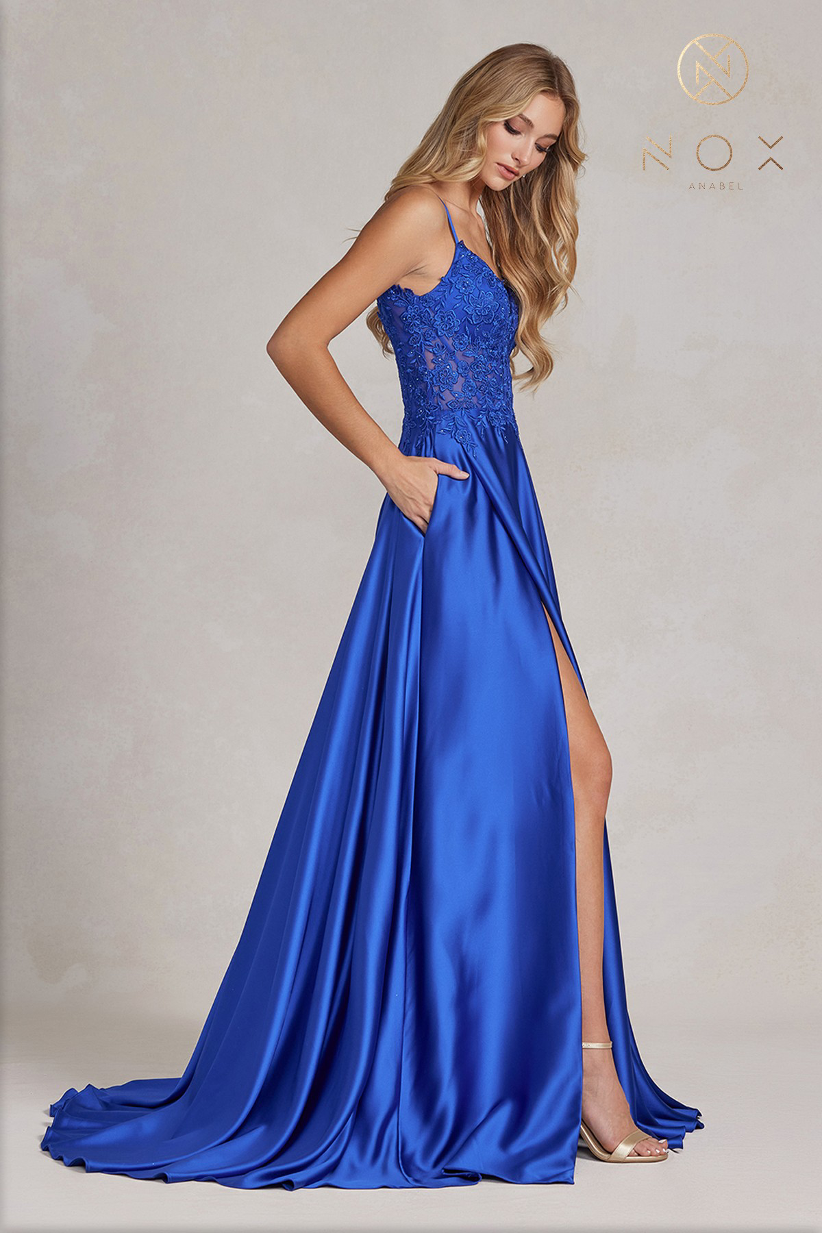 Embroidered Corset Gown with A-Line Satin Skirt — Nox Anabel K1121