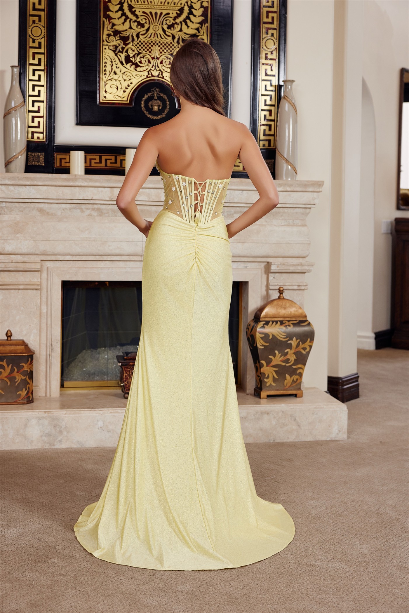 Fully Beaded Bodice Semi Sweetheart Bust Line High Slit — Nox Anabel K1736