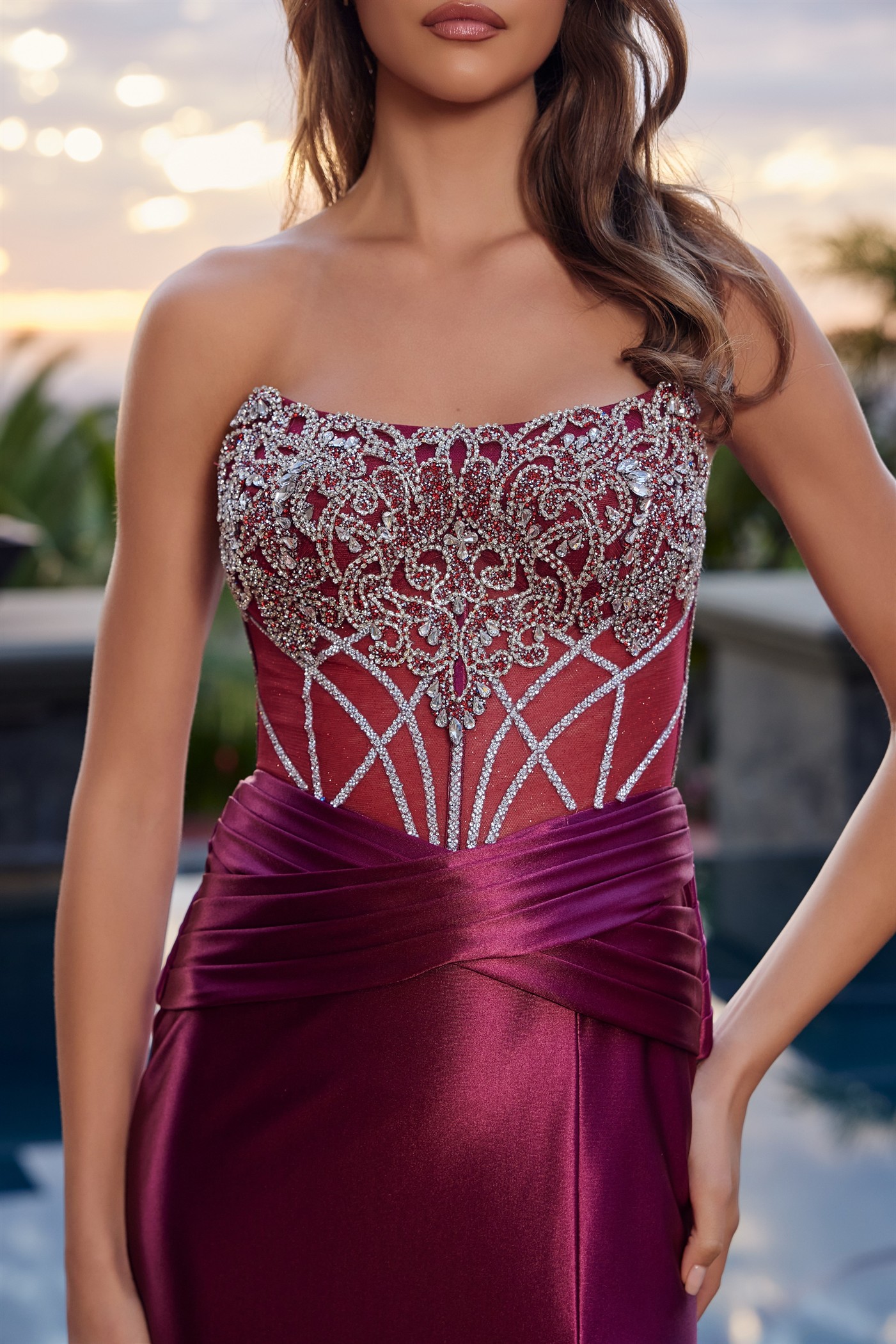Strapless Scoop Bustline Adorned with Silver Beadwork Bodice — Nox Anabel L1771