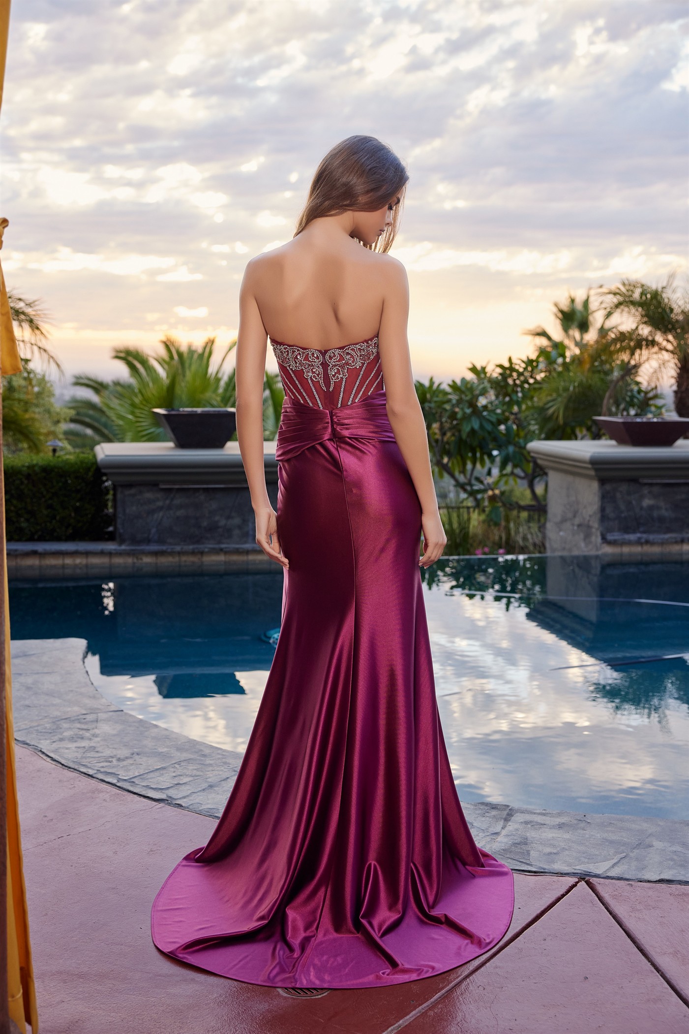 Strapless Scoop Bustline Adorned with Silver Beadwork Bodice — Nox Anabel L1771