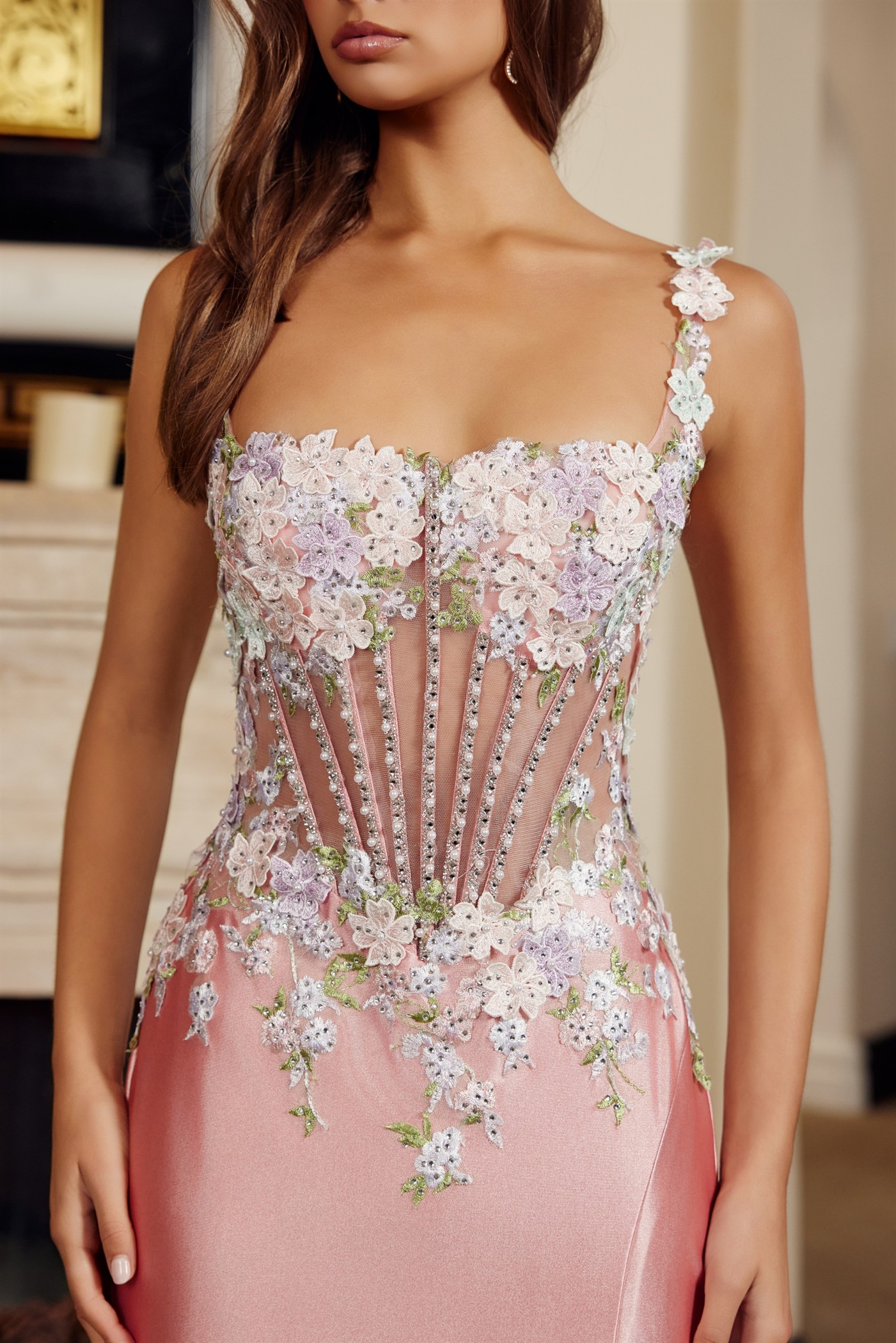 Full Sequined Flower Design Embroidery Bodice and Traps — Nox Anabel M1755