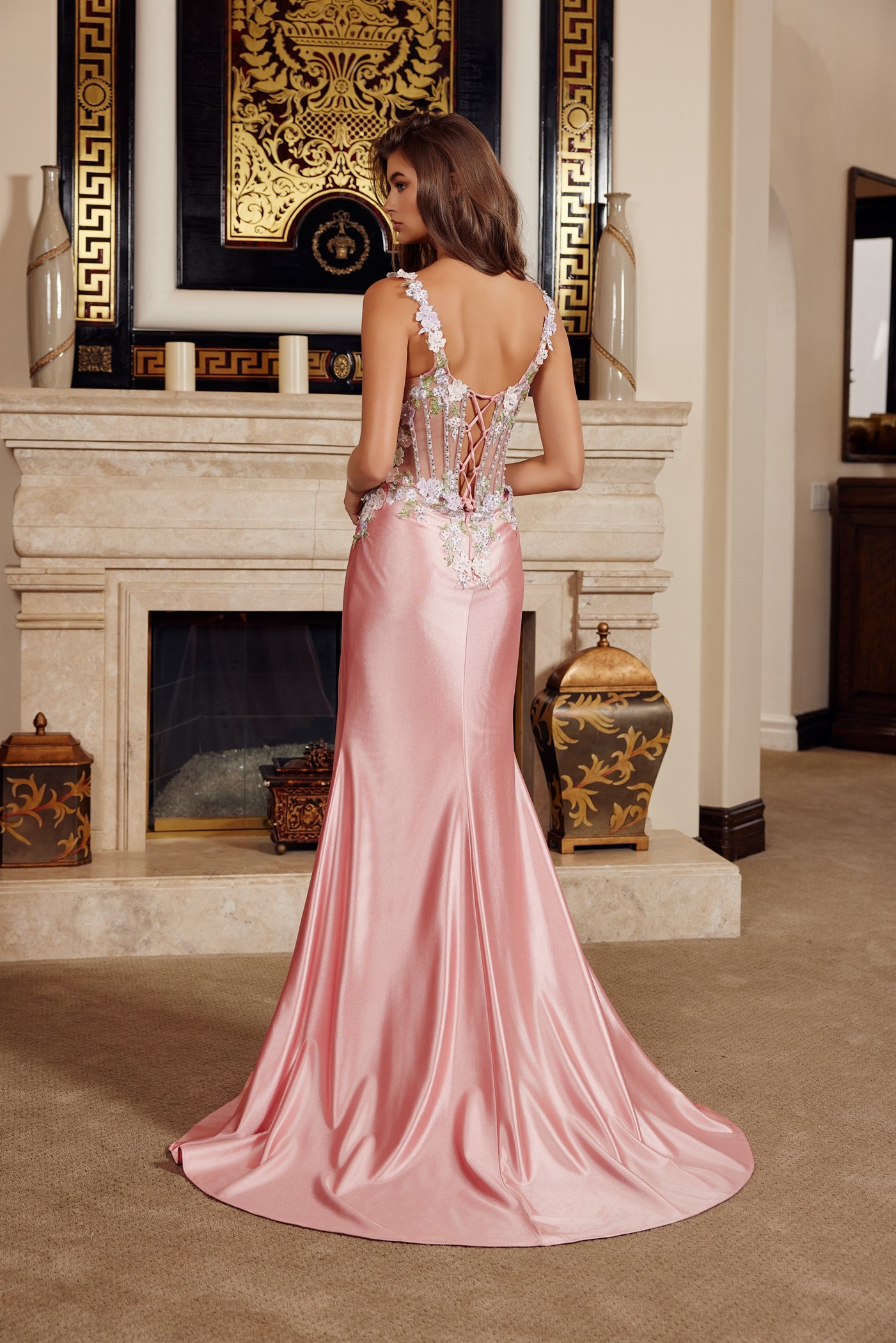 Full Sequined Flower Design Embroidery Bodice and Traps — Nox Anabel M1755