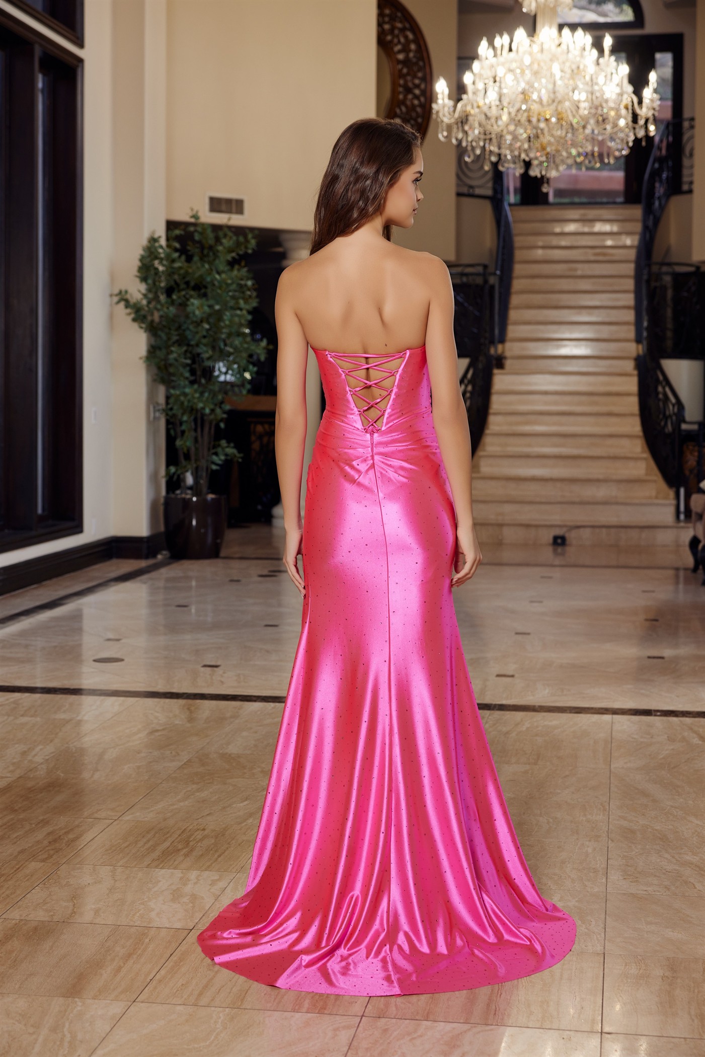 Semi Sweetheart Strapless Shiny Satin Silver Stones Bustline — Nox Anabel M1756