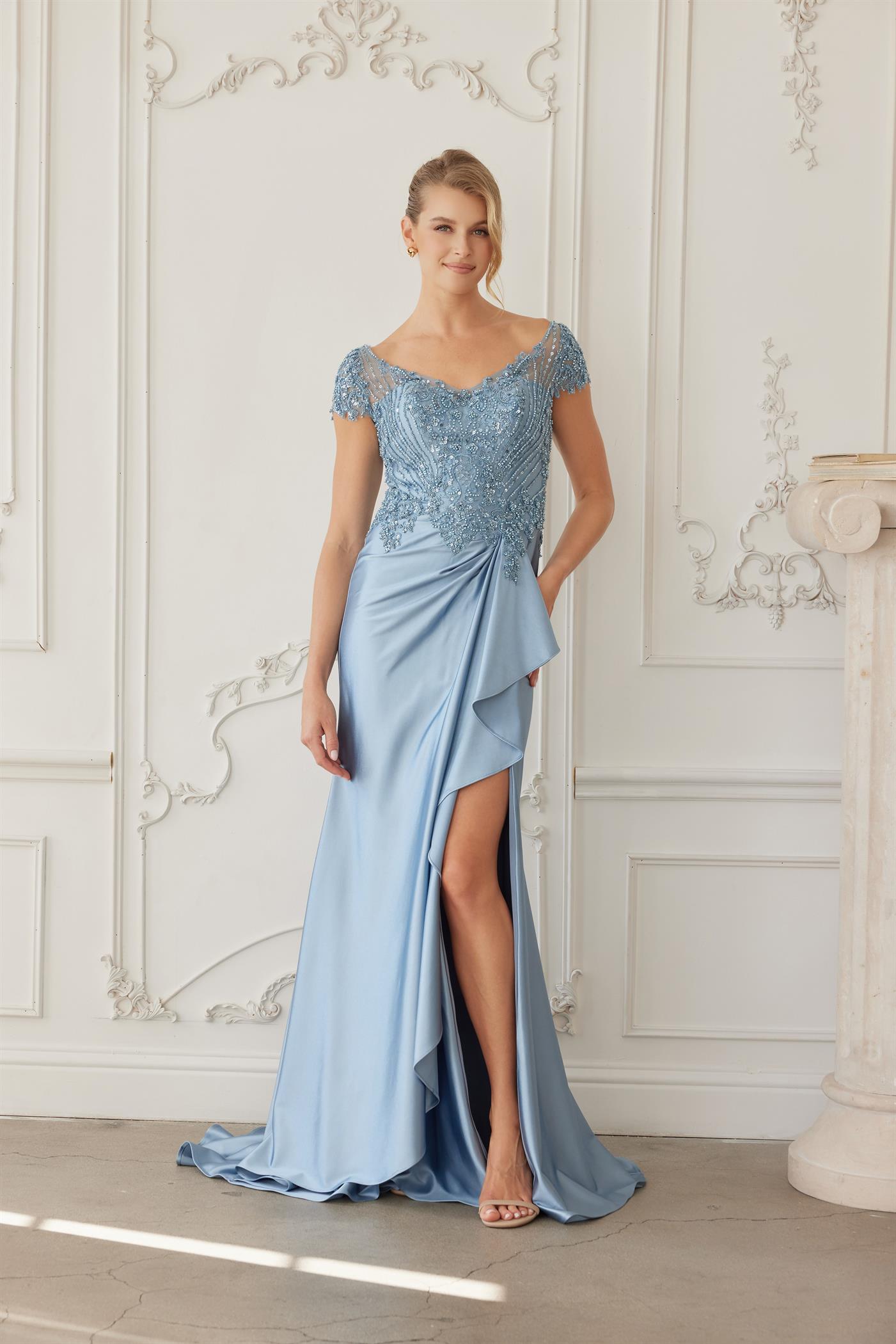 U-Neckline Short Sleeves Satin Fabric and Heavy Beaded Top — Nox Anabel MD155