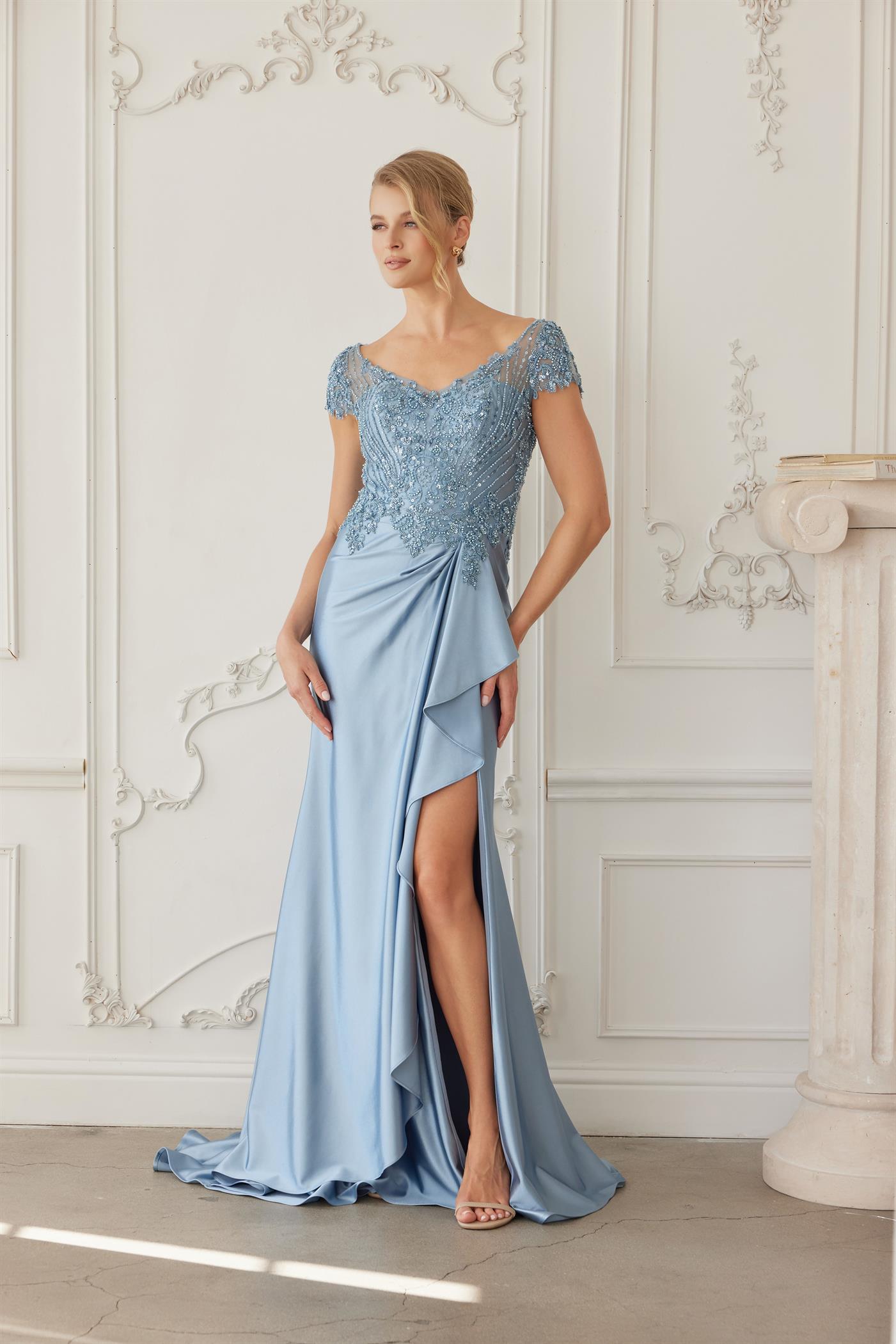 U-Neckline Short Sleeves Satin Fabric and Heavy Beaded Top — Nox Anabel MD155