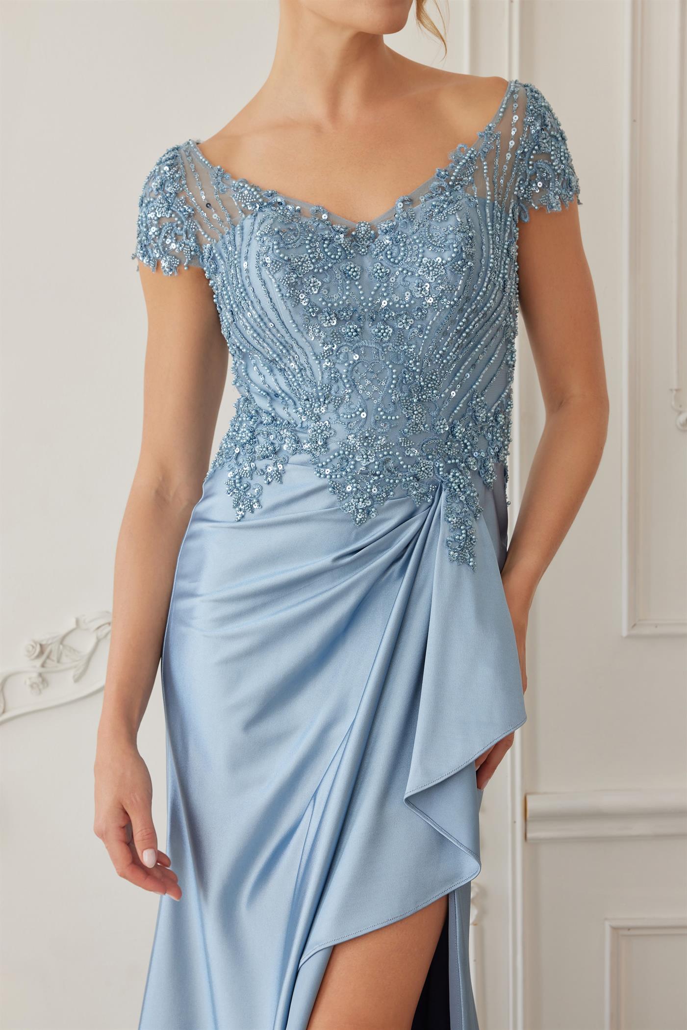 U-Neckline Short Sleeves Satin Fabric and Heavy Beaded Top — Nox Anabel MD155