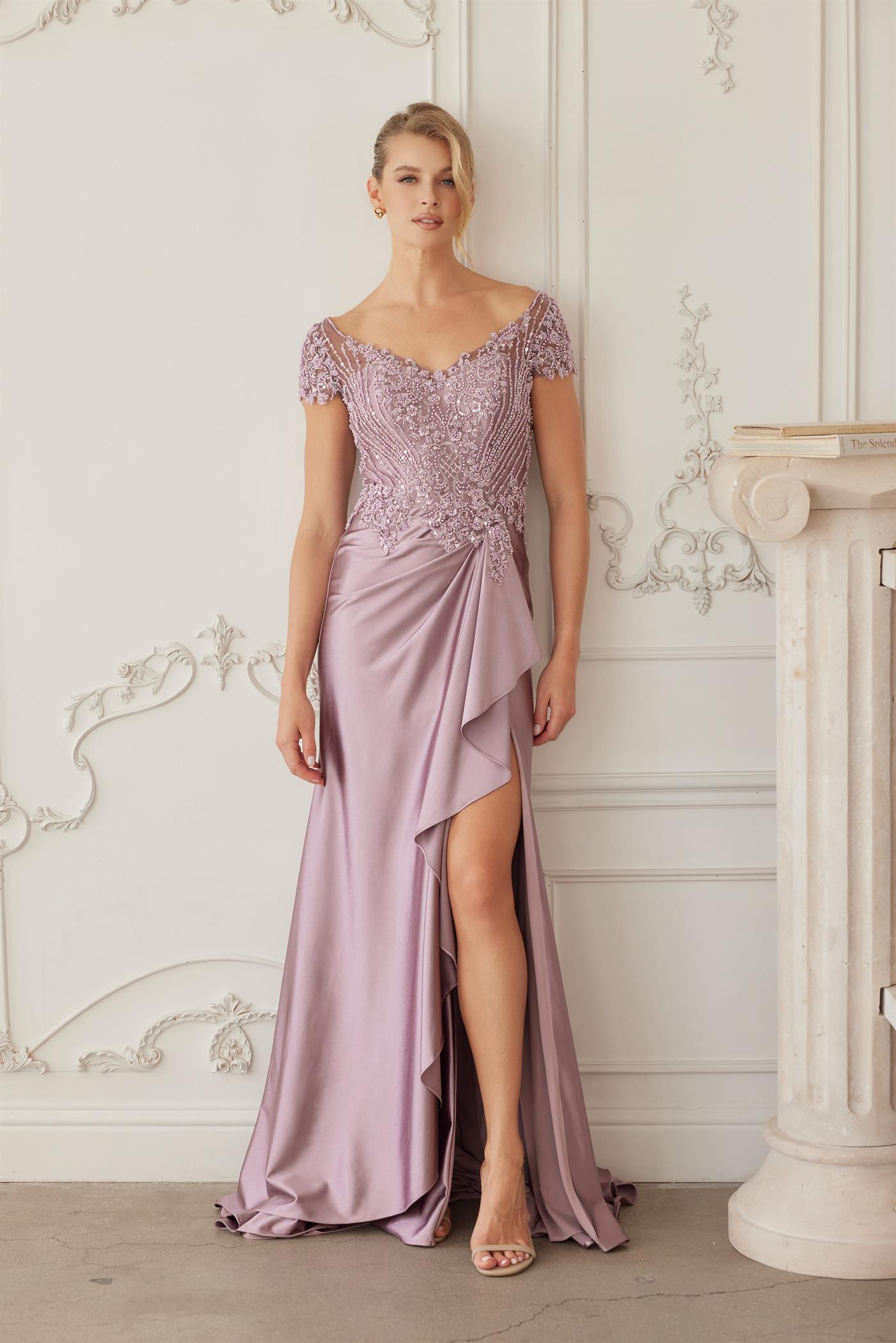 U-Neckline Short Sleeves Satin Fabric and Heavy Beaded Top — Nox Anabel MD155
