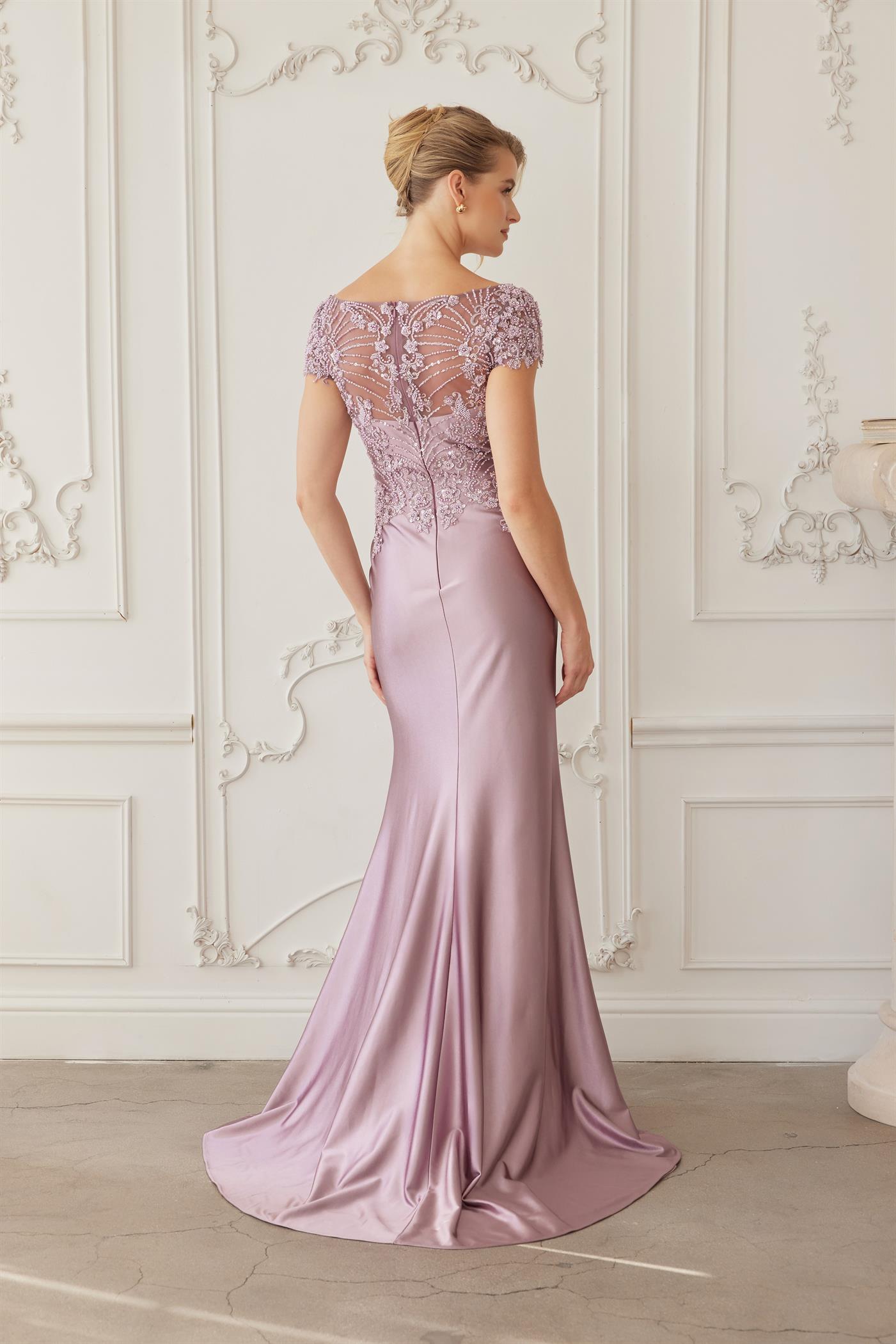 U-Neckline Short Sleeves Satin Fabric and Heavy Beaded Top — Nox Anabel MD155