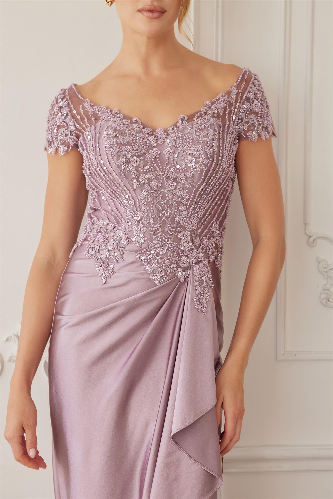 U-Neckline Short Sleeves Satin Fabric and Heavy Beaded Top — Nox Anabel MD155