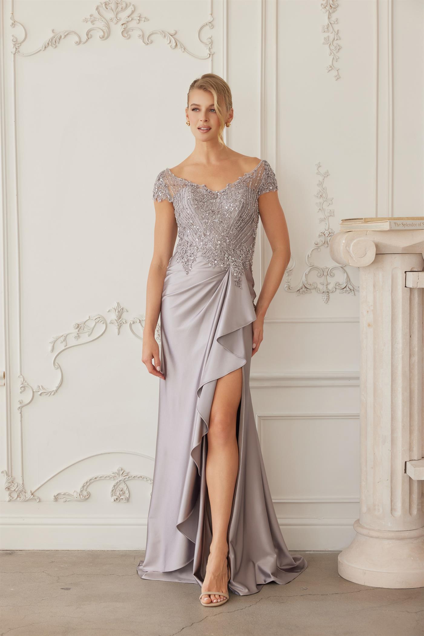 U-Neckline Short Sleeves Satin Fabric and Heavy Beaded Top — Nox Anabel MD155