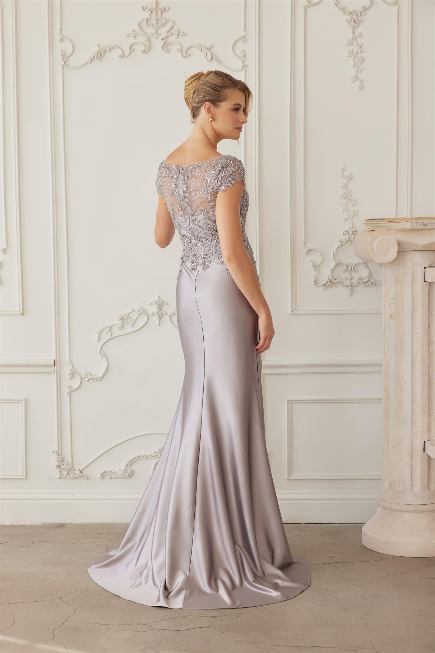 U-Neckline Short Sleeves Satin Fabric and Heavy Beaded Top — Nox Anabel MD155