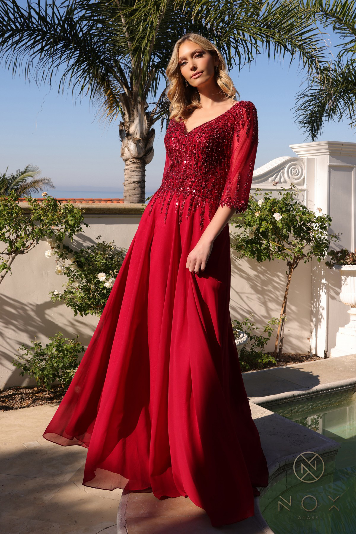 V-Neck A-Line Chiffon Sequin Dress — Nox Anabel MF100