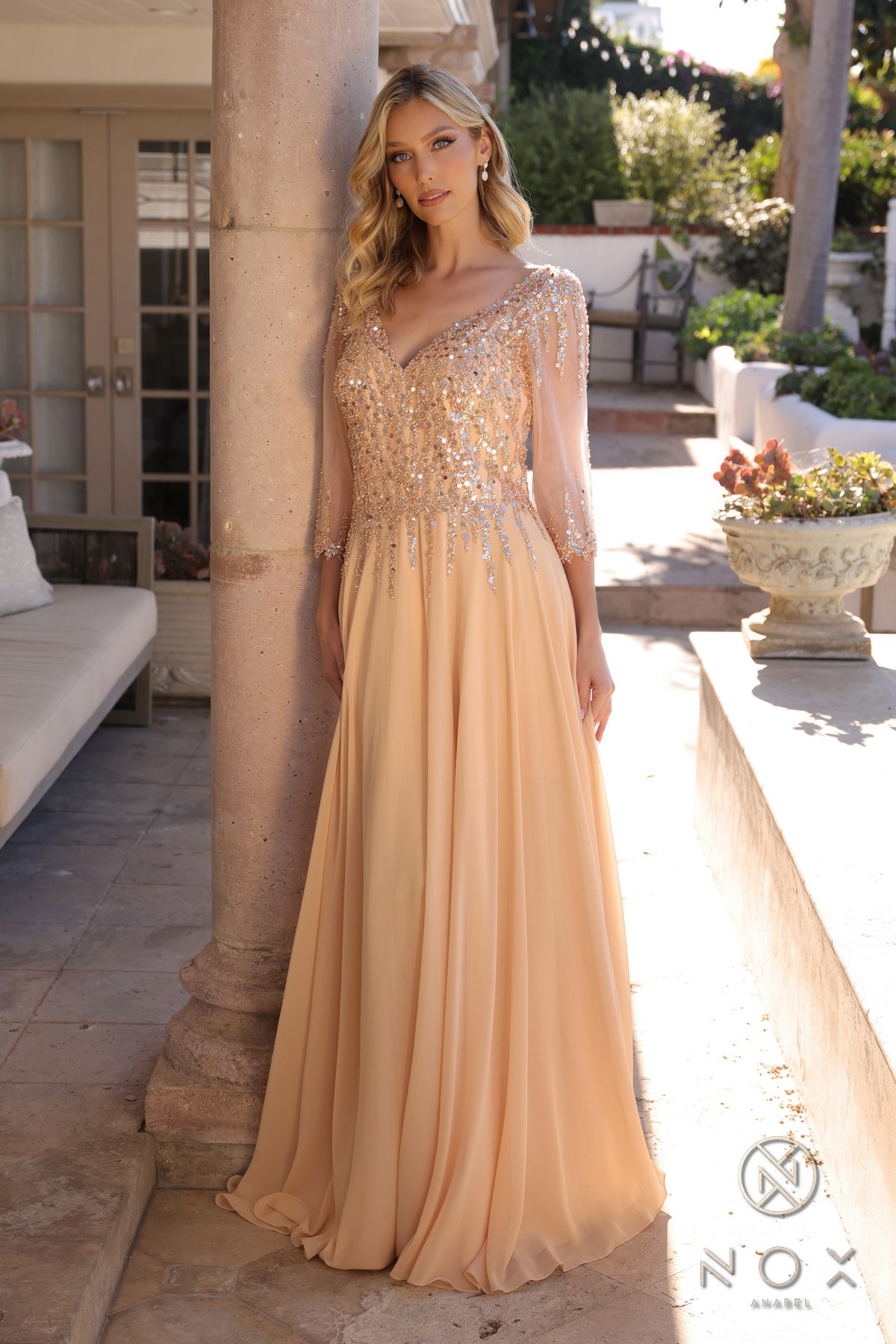 V-Neck A-Line Chiffon Sequin Dress — Nox Anabel MF100