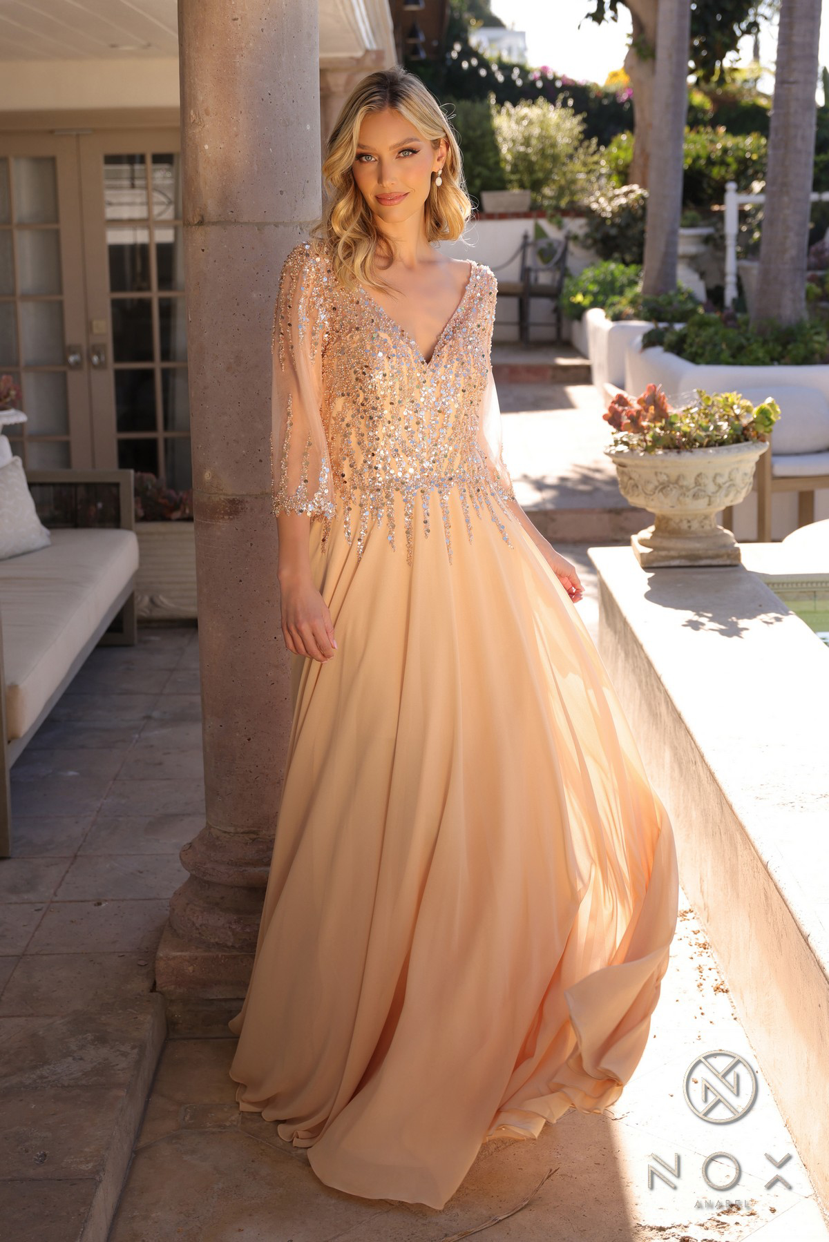 V-Neck A-Line Chiffon Sequin Dress — Nox Anabel MF100
