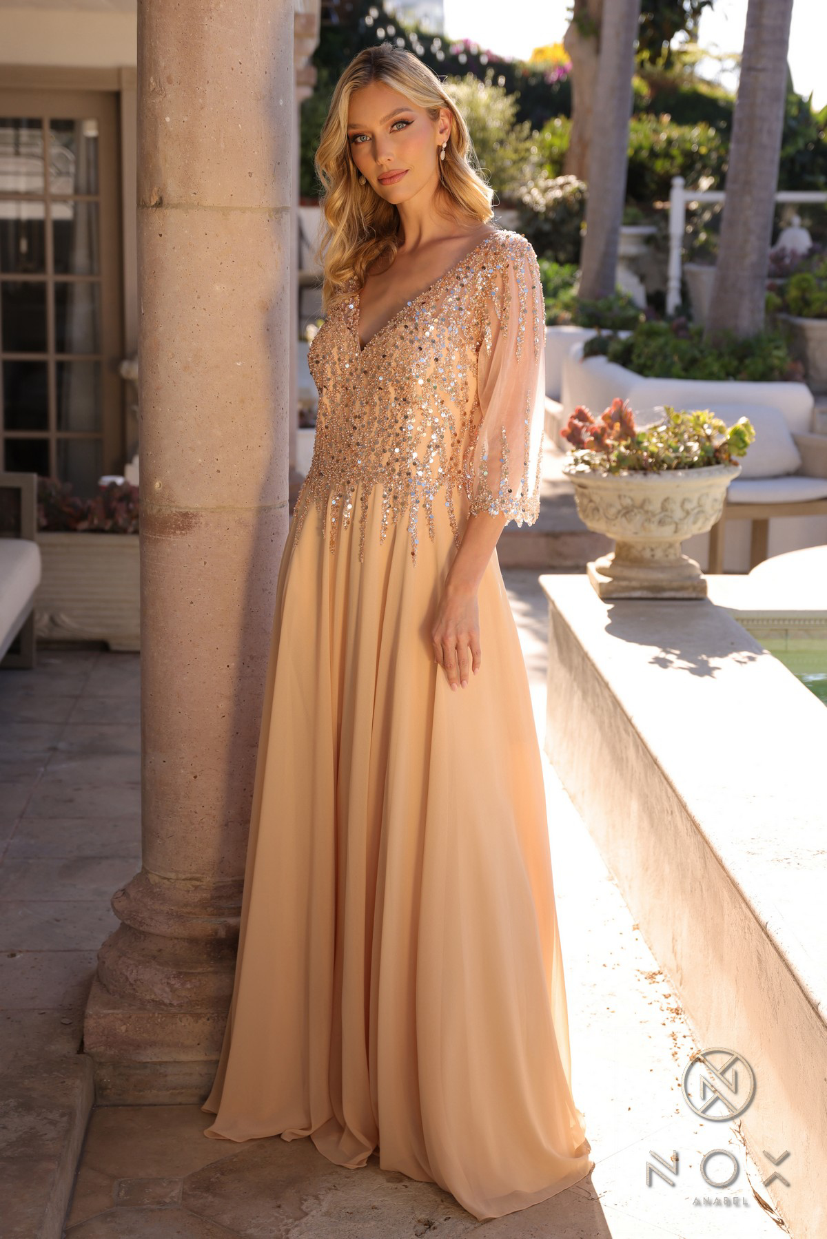 V-Neck A-Line Chiffon Sequin Dress — Nox Anabel MF100