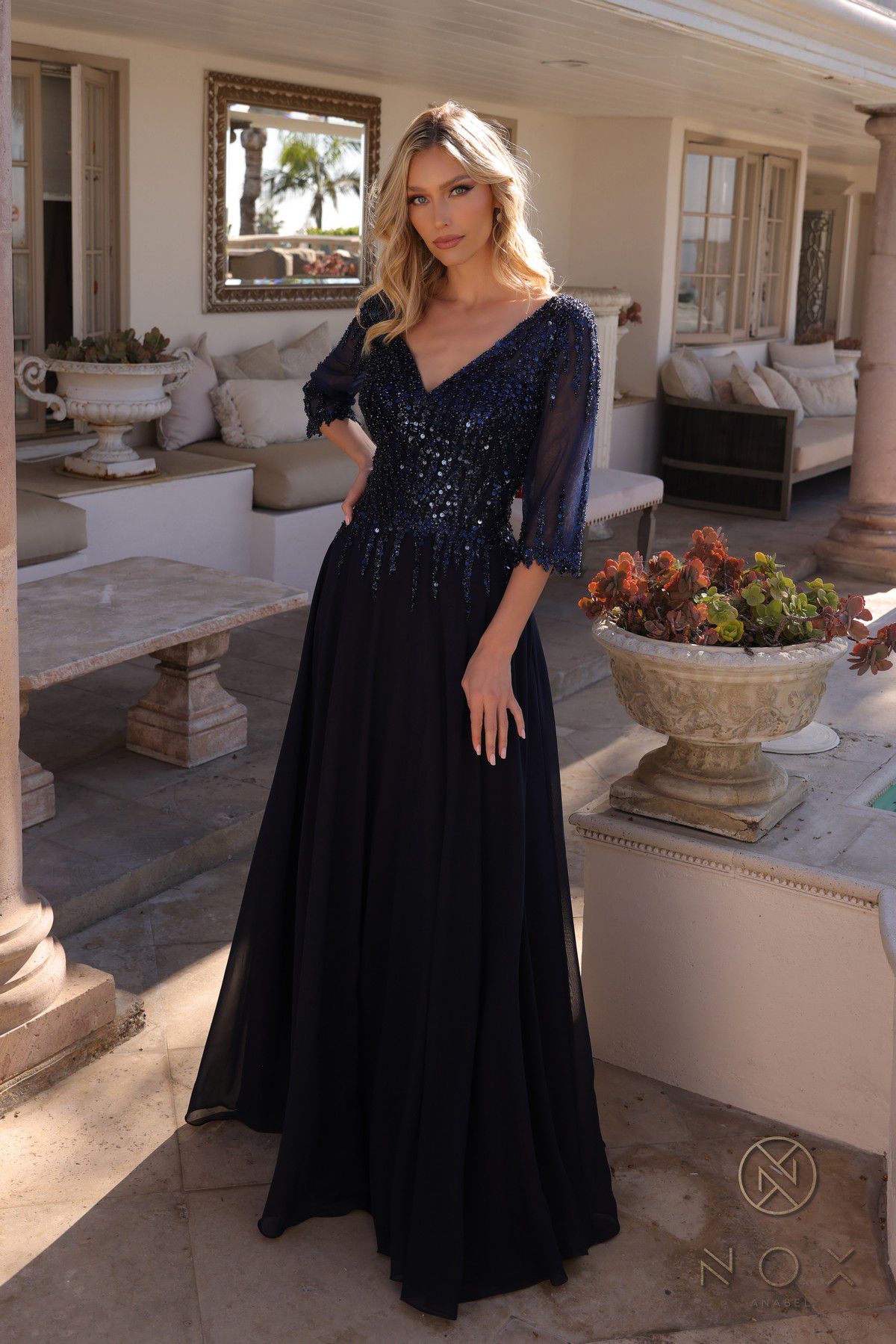 V-Neck A-Line Chiffon Sequin Dress — Nox Anabel MF100