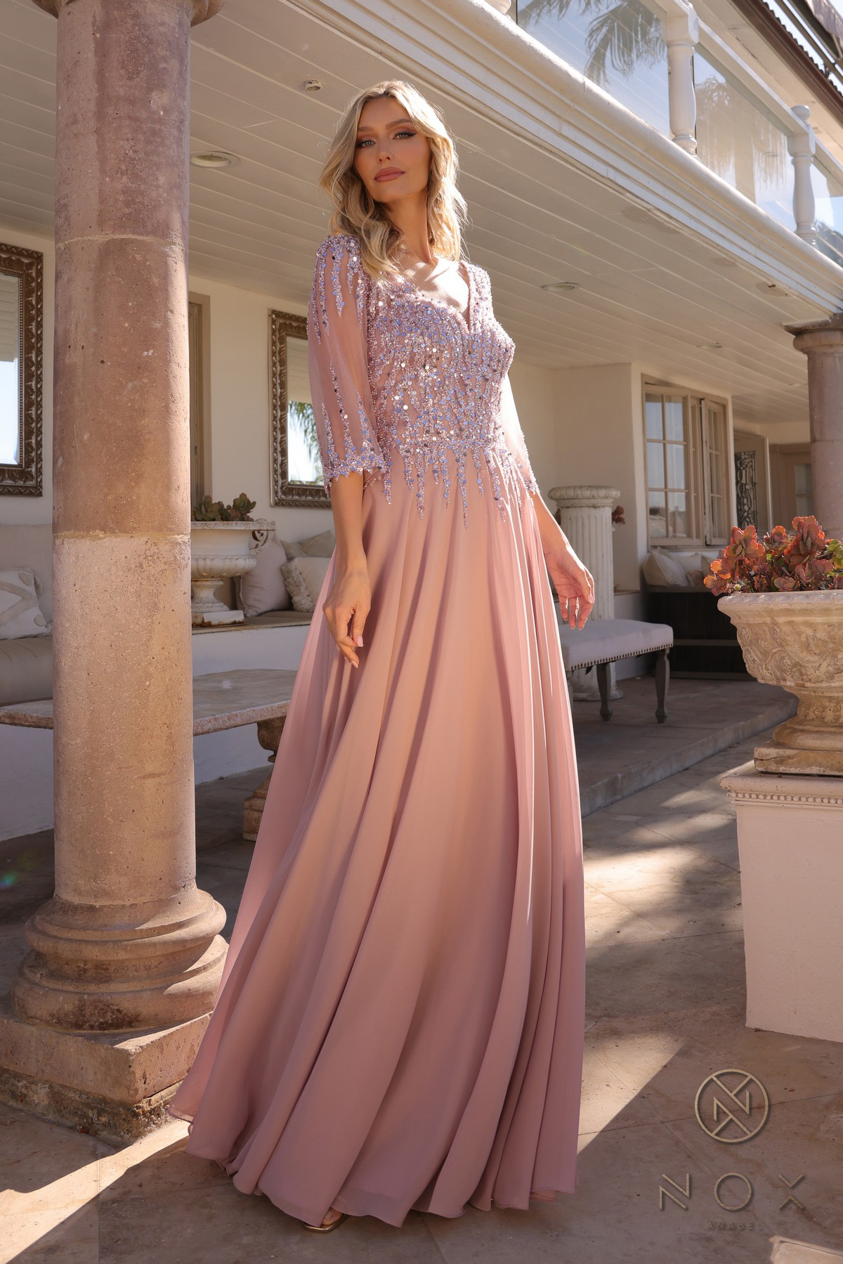V-Neck A-Line Chiffon Sequin Dress — Nox Anabel MF100