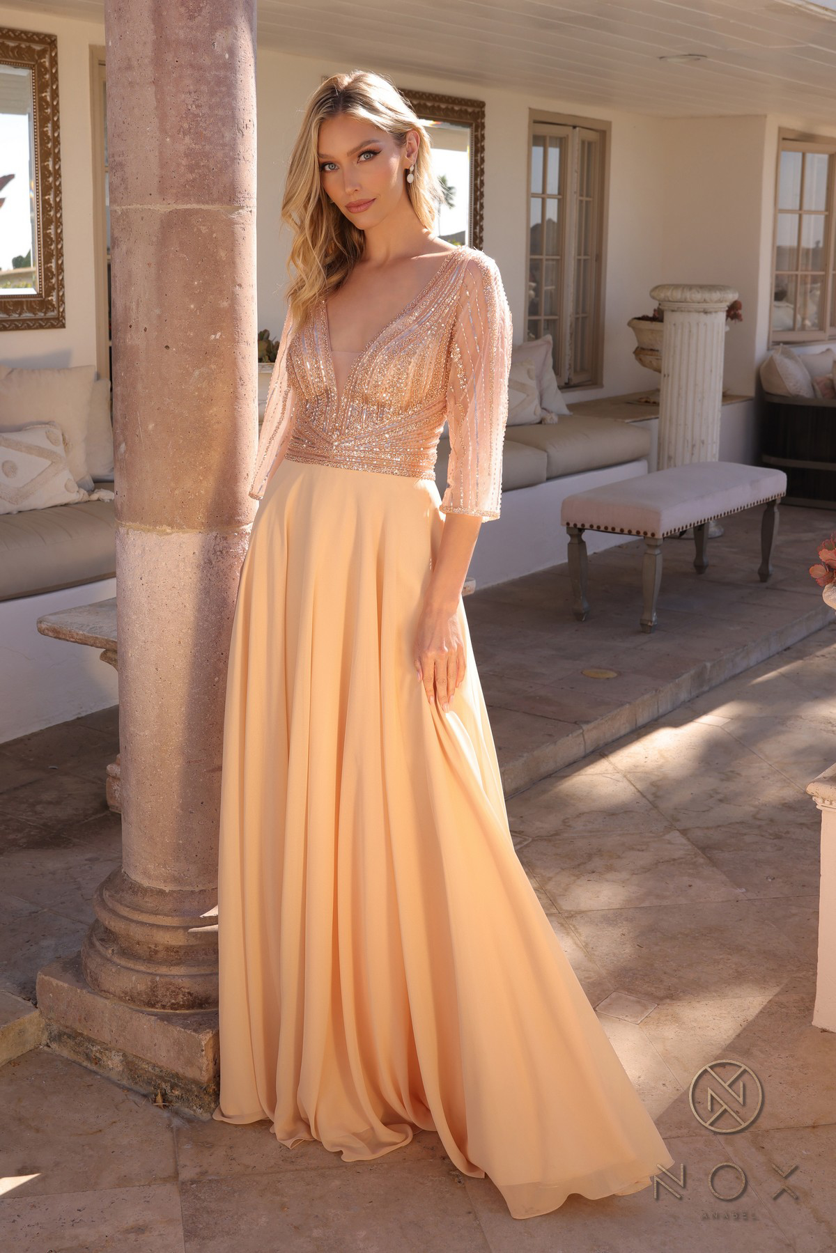 Plunged Neckline Sequin and Chiffon Dress — Nox Anabel MF101