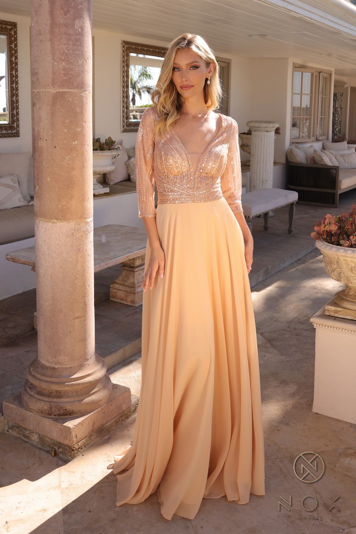 Plunged Neckline Sequin and Chiffon Dress — Nox Anabel MF101