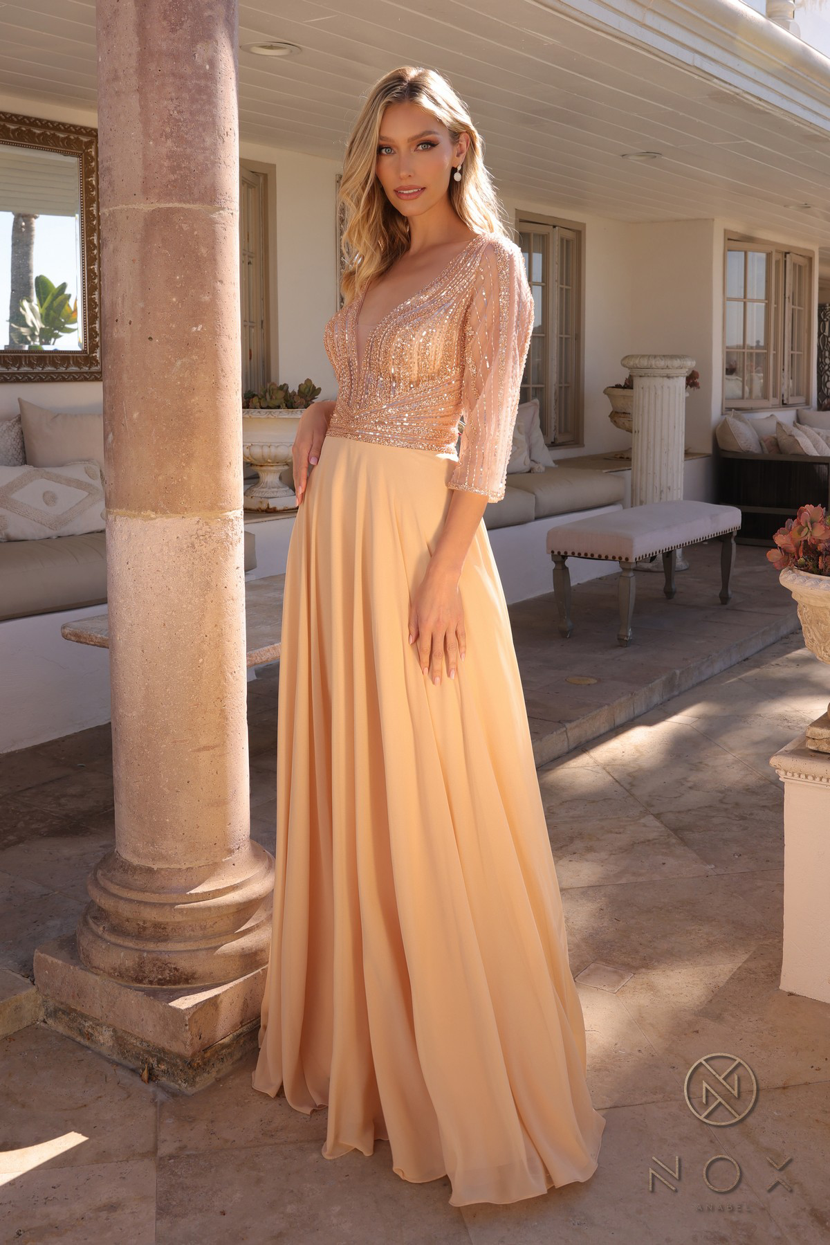 Plunged Neckline Sequin and Chiffon Dress — Nox Anabel MF101