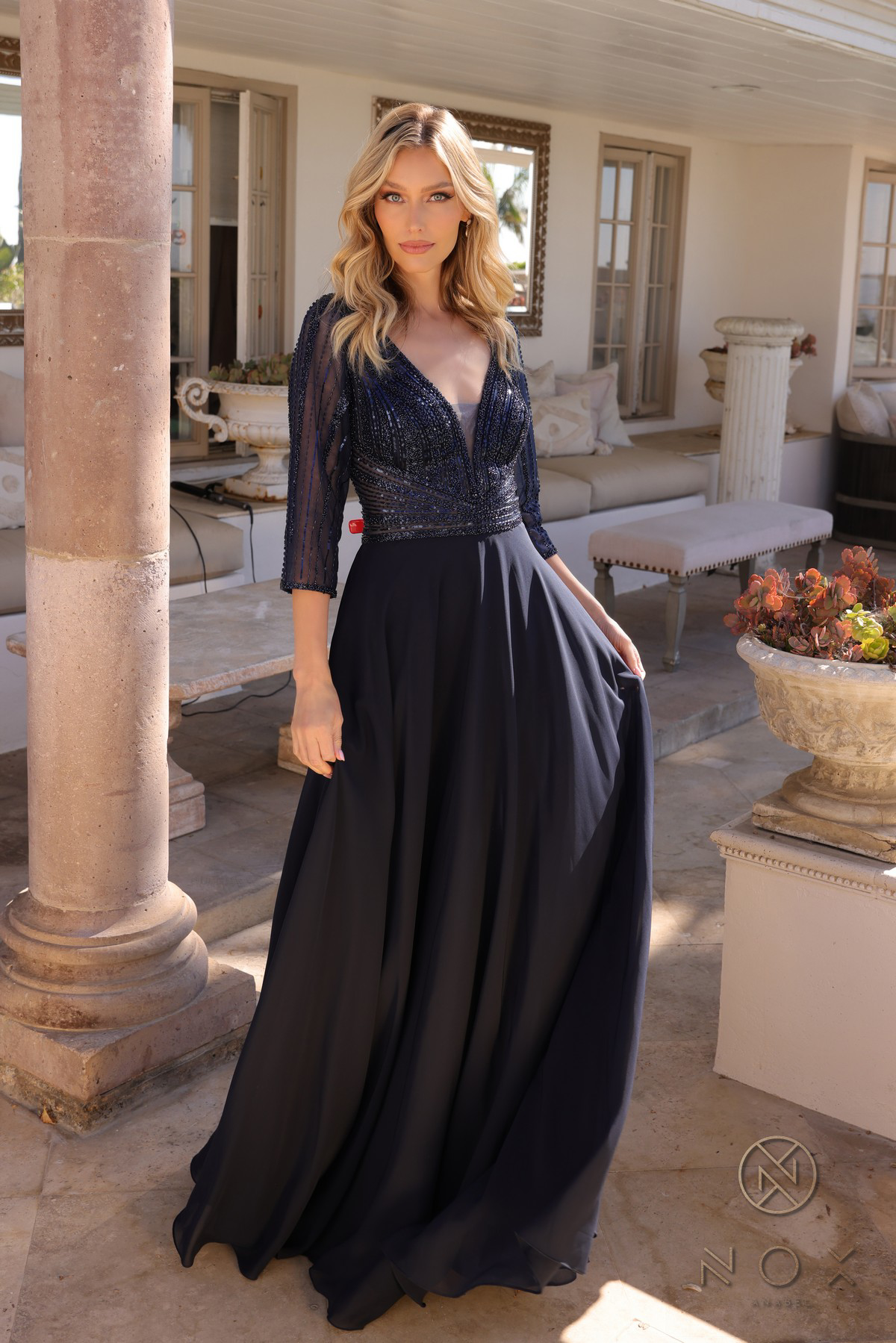 Plunged Neckline Sequin and Chiffon Dress — Nox Anabel MF101