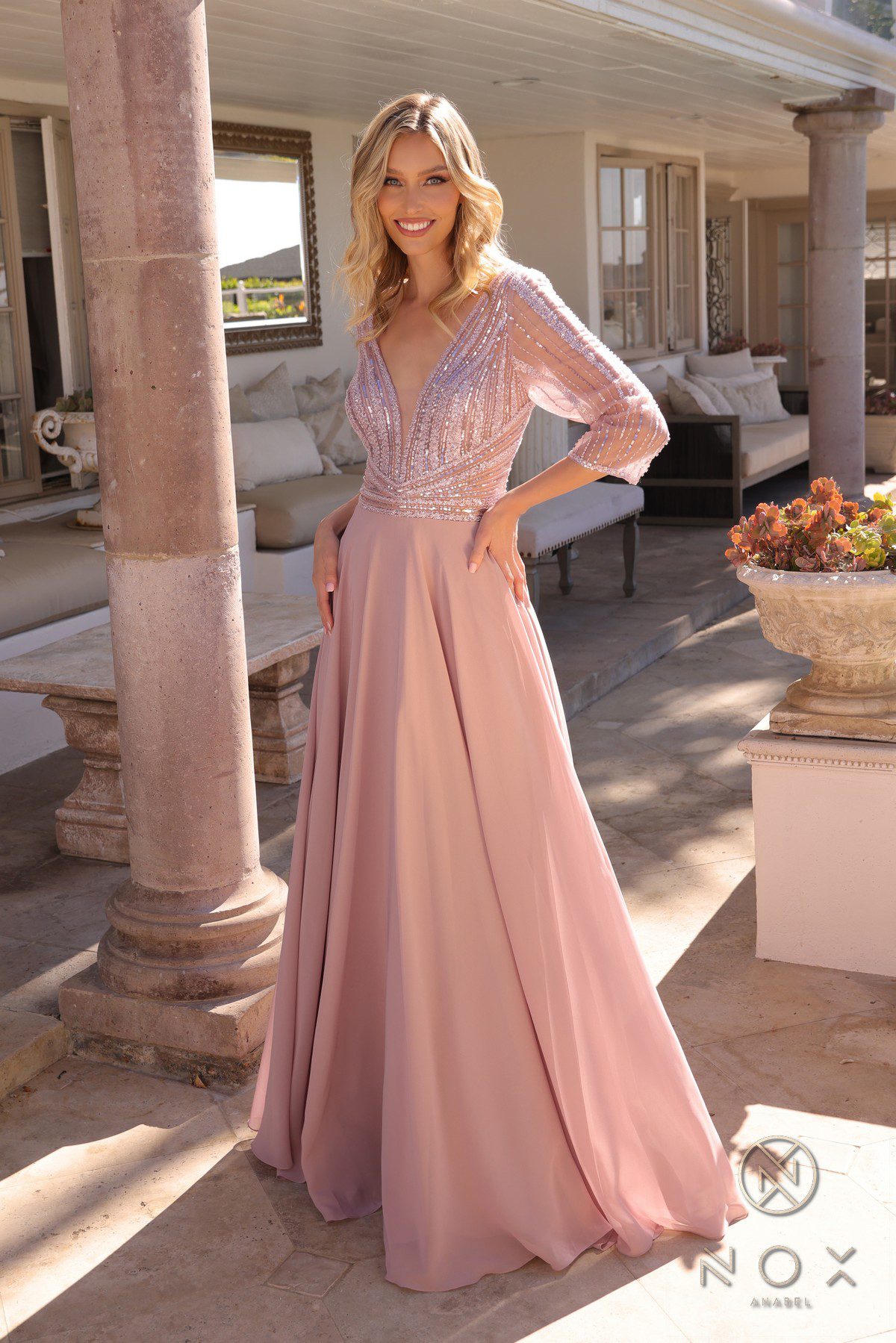 Plunged Neckline Sequin and Chiffon Dress — Nox Anabel MF101