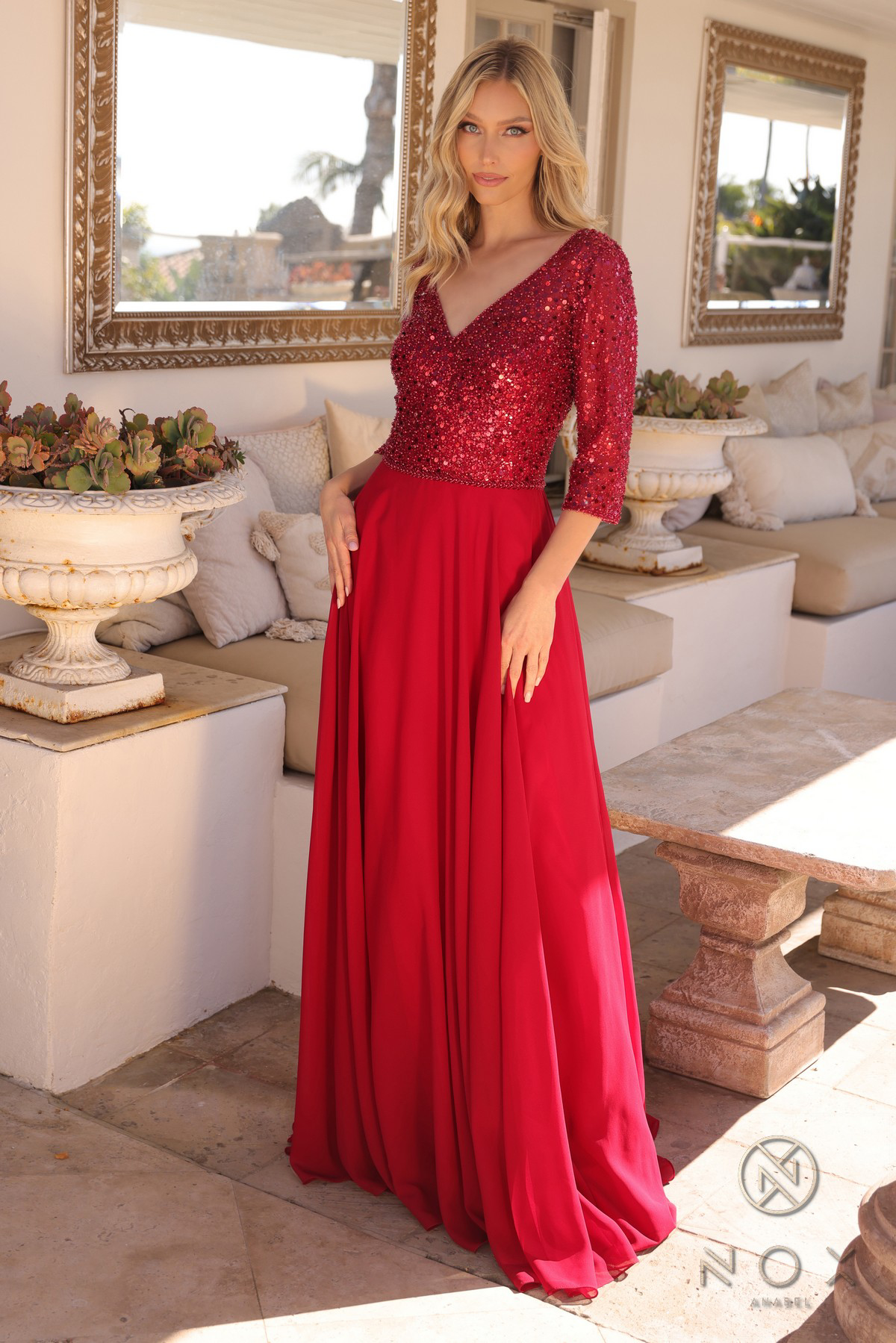 V-Neck A-Line Chiffon Sequin Dress — Nox Anabel MF103