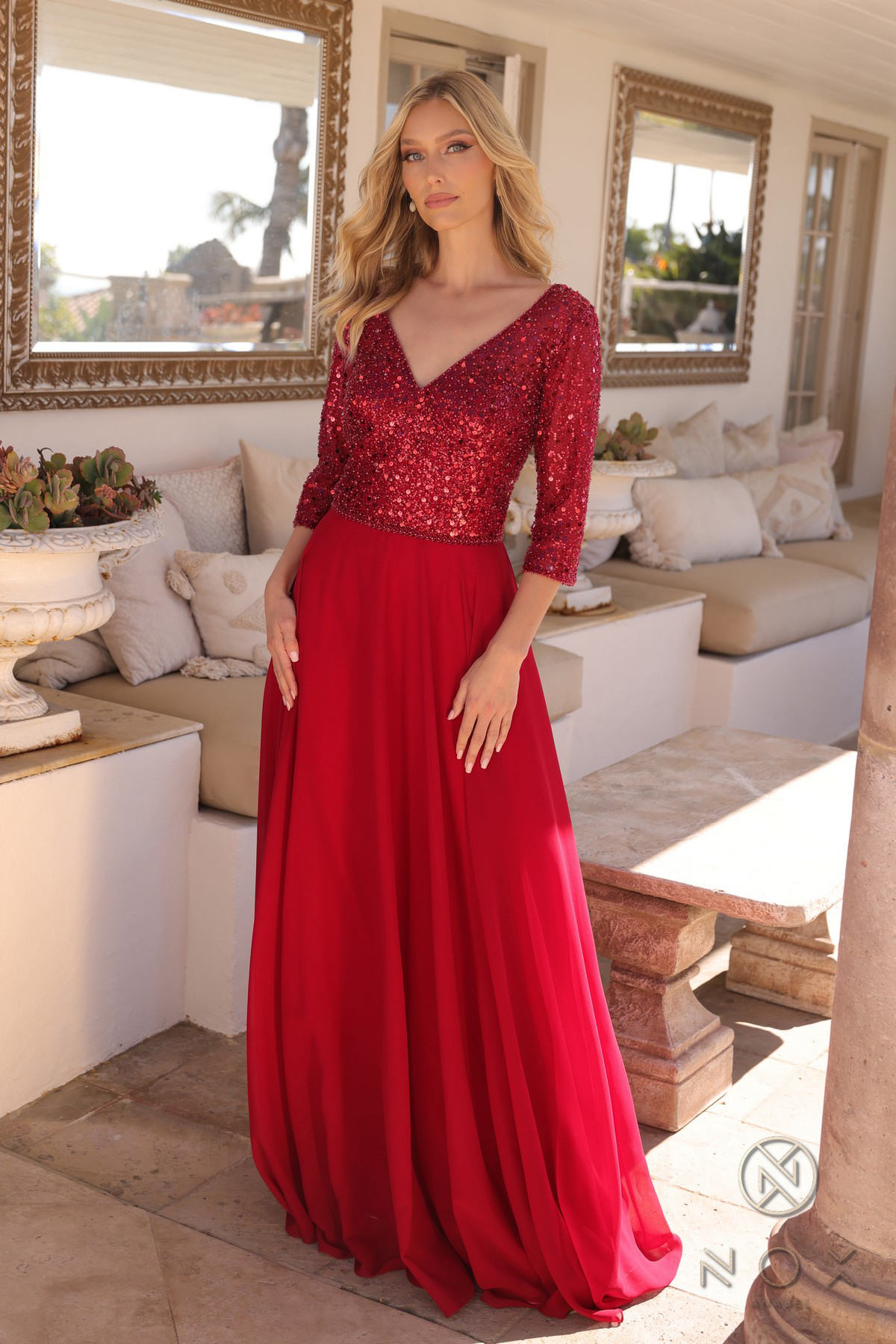 V-Neck A-Line Chiffon Sequin Dress — Nox Anabel MF103