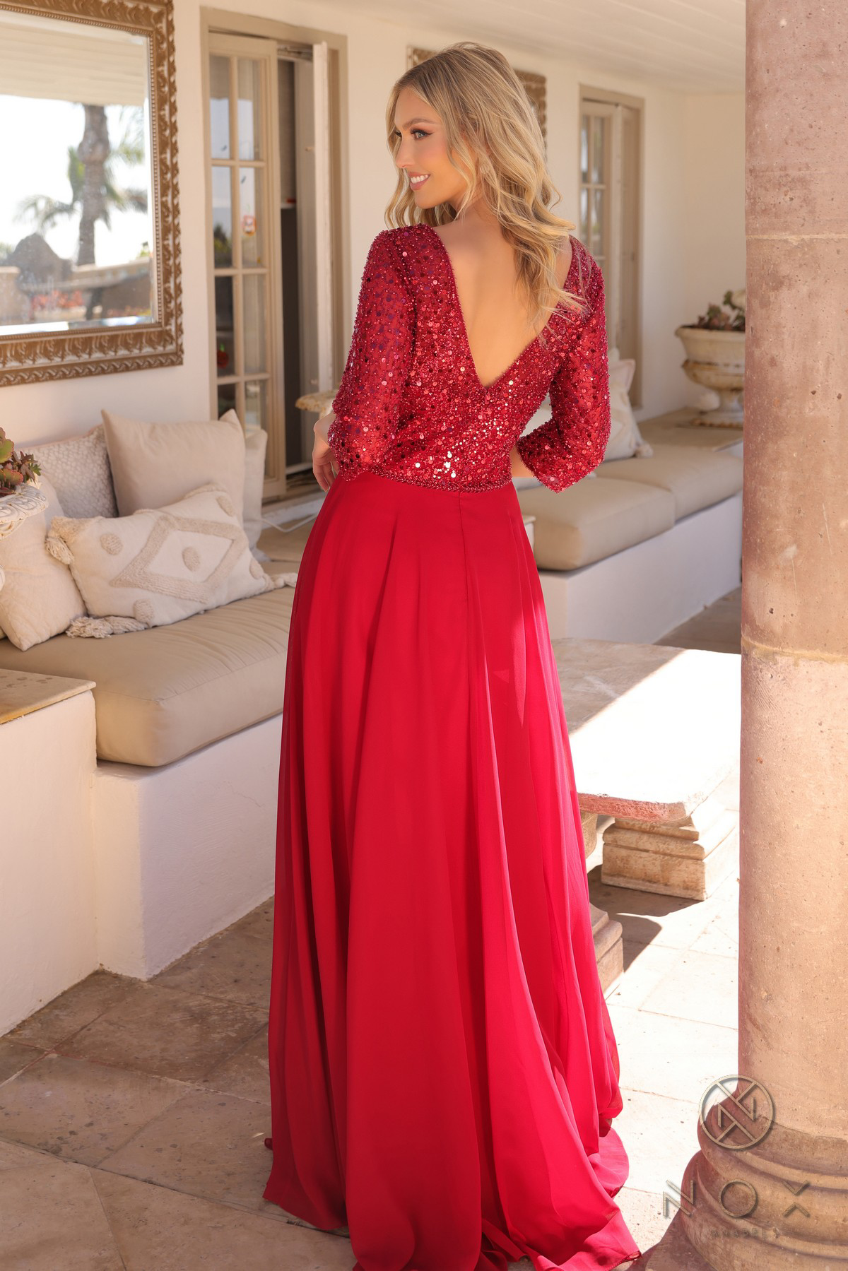 V-Neck A-Line Chiffon Sequin Dress — Nox Anabel MF103