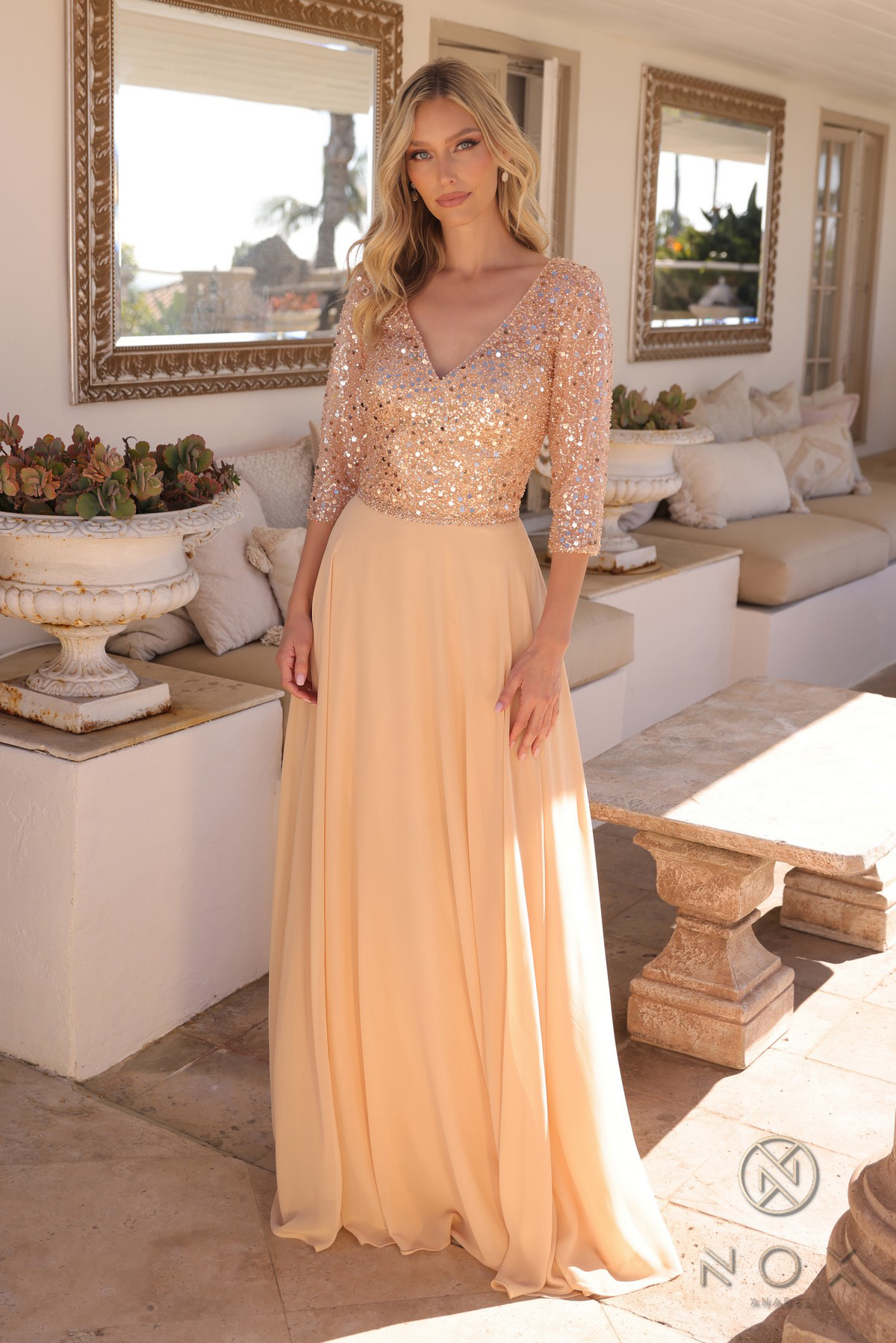 V-Neck A-Line Chiffon Sequin Dress — Nox Anabel MF103