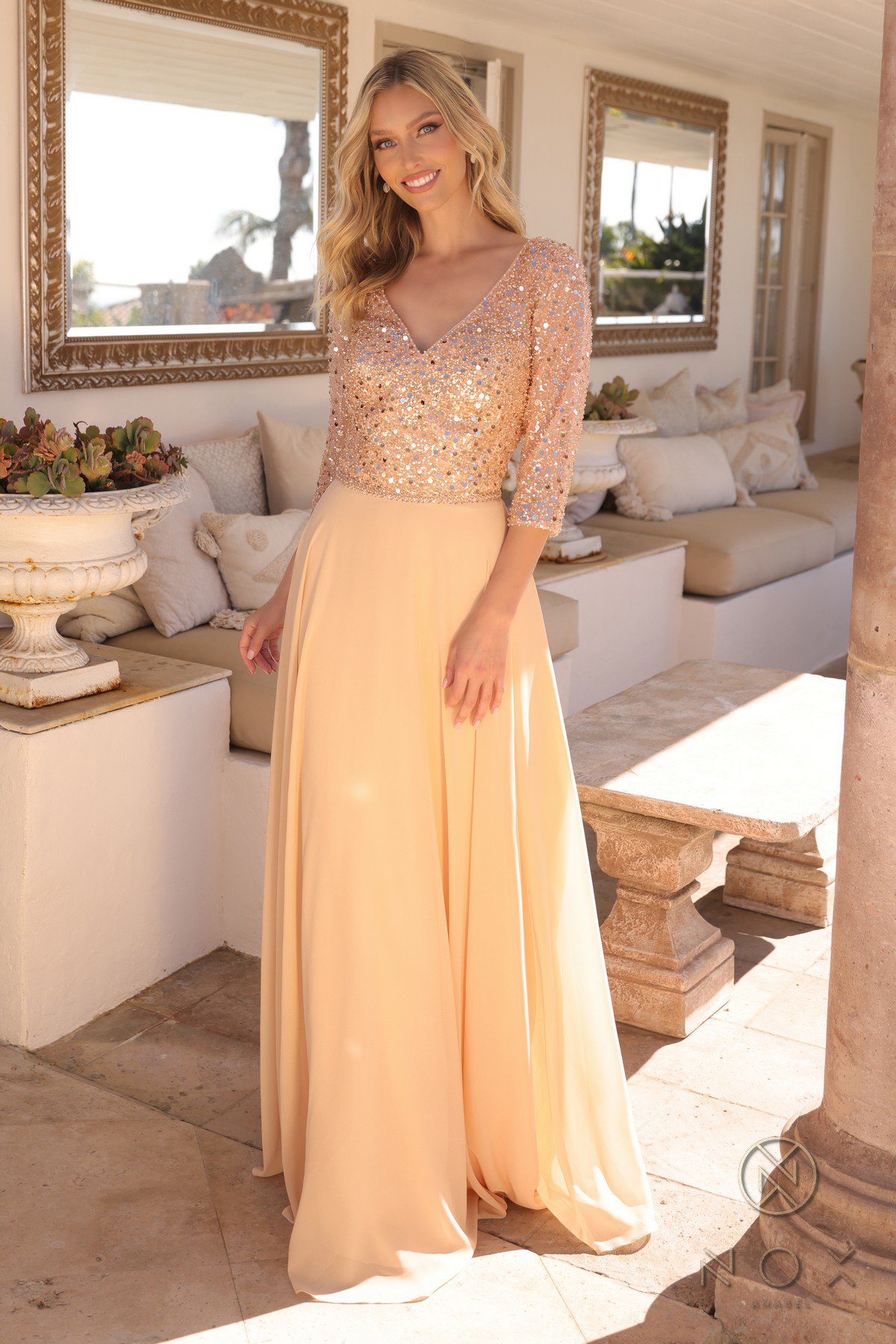 V-Neck A-Line Chiffon Sequin Dress — Nox Anabel MF103