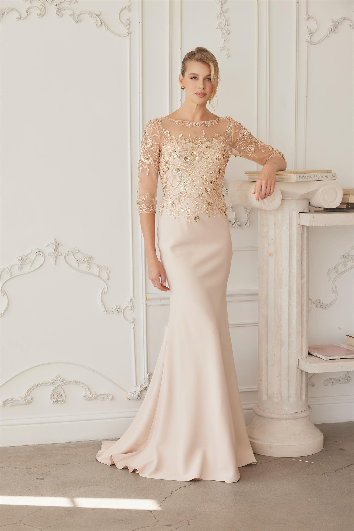 Full Sequined Embroidered Bodice Three Quarter Sleeves