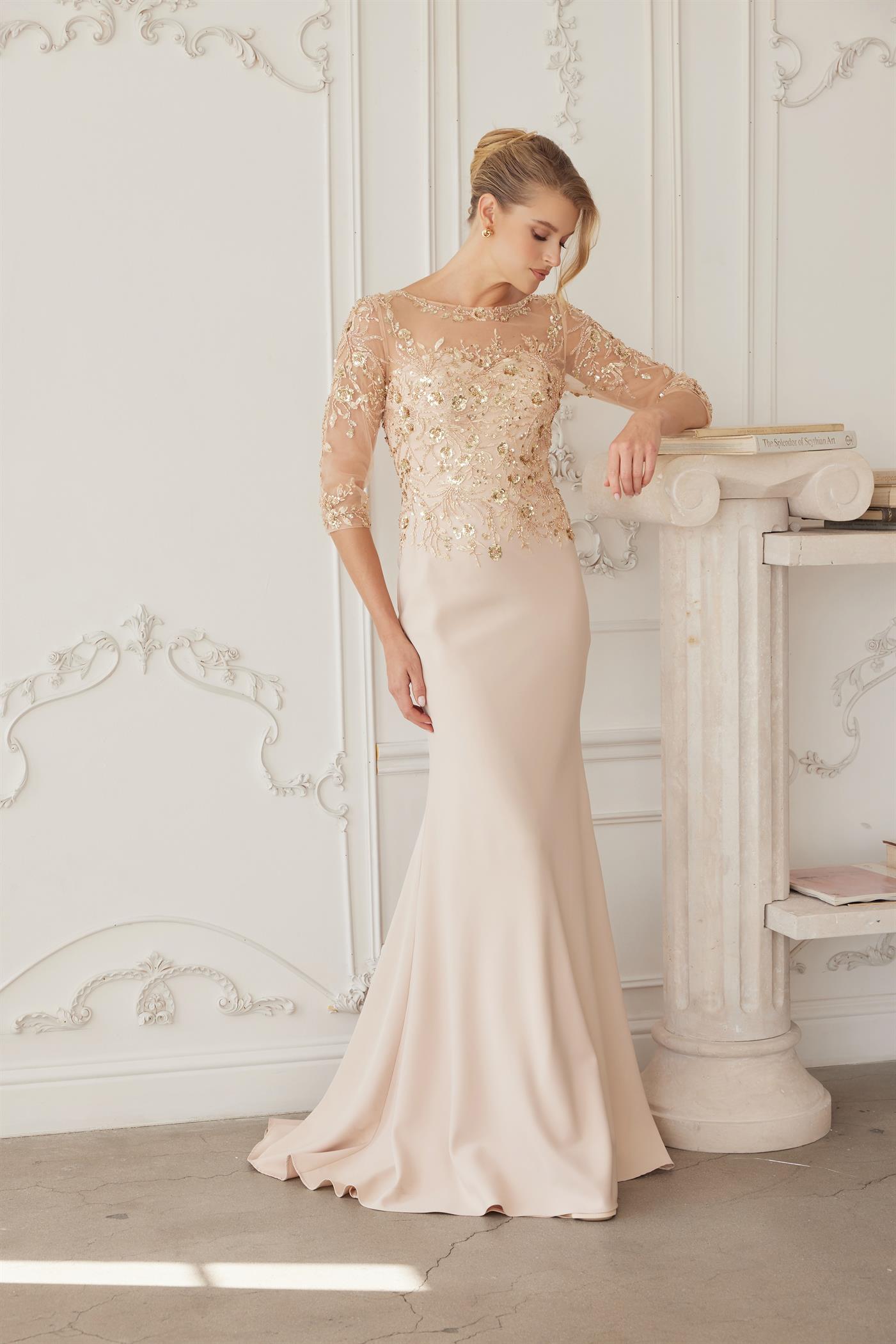 Full Sequined Embroidered Bodice Three Quarter Sleeves — Nox Anabel MH159