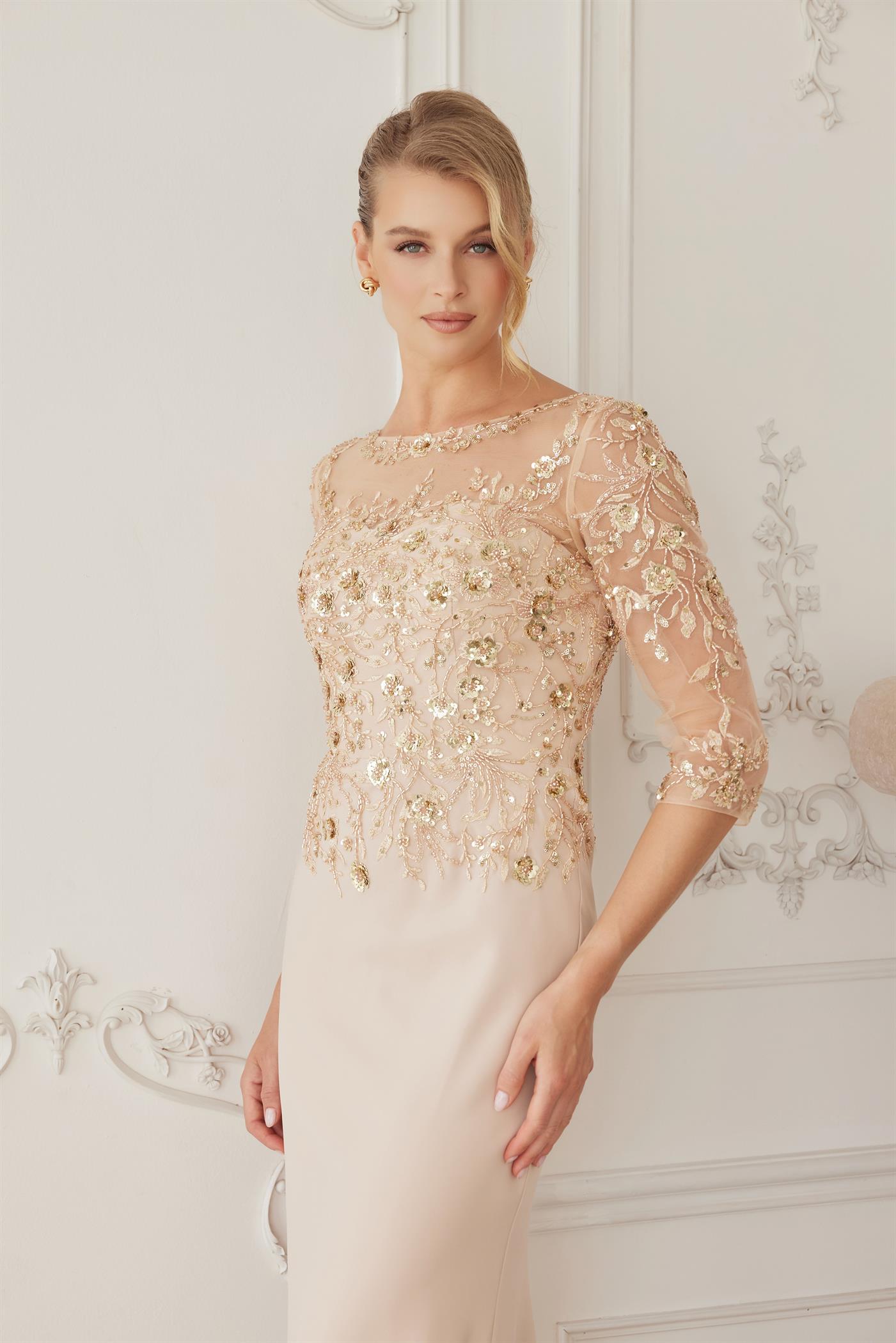 Full Sequined Embroidered Bodice Three Quarter Sleeves — Nox Anabel MH159