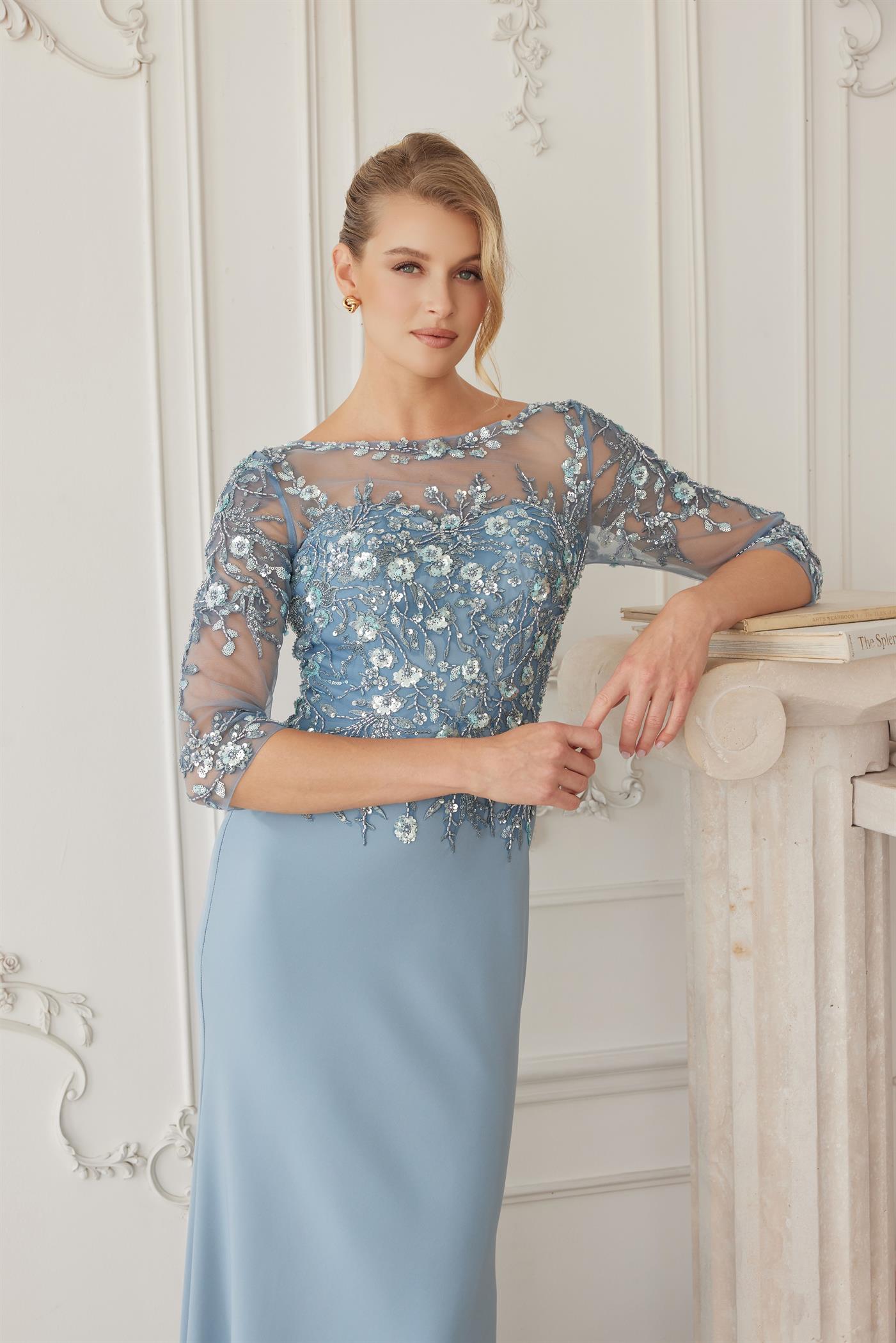 Full Sequined Embroidered Bodice Three Quarter Sleeves — Nox Anabel MH159