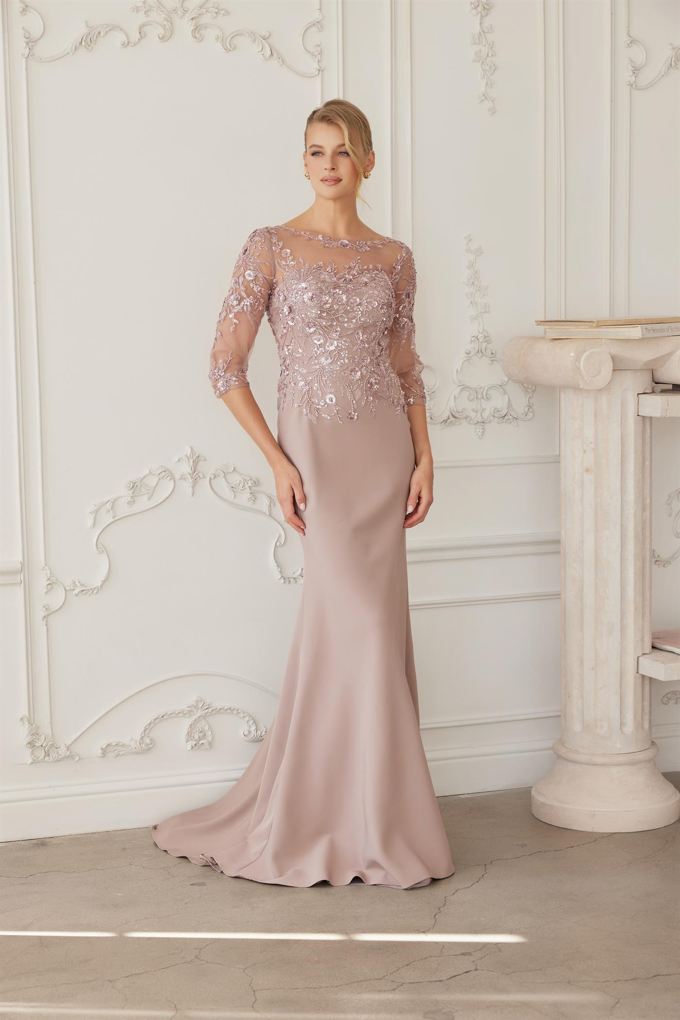 Full Sequined Embroidered Bodice Three Quarter Sleeves — Nox Anabel MH159