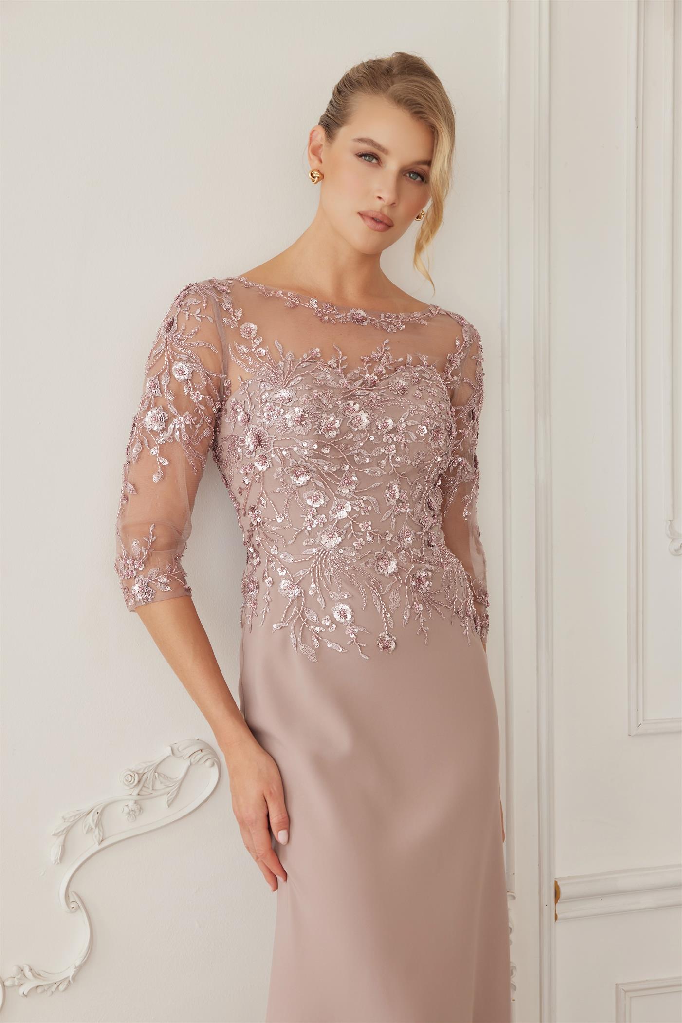 Full Sequined Embroidered Bodice Three Quarter Sleeves — Nox Anabel MH159