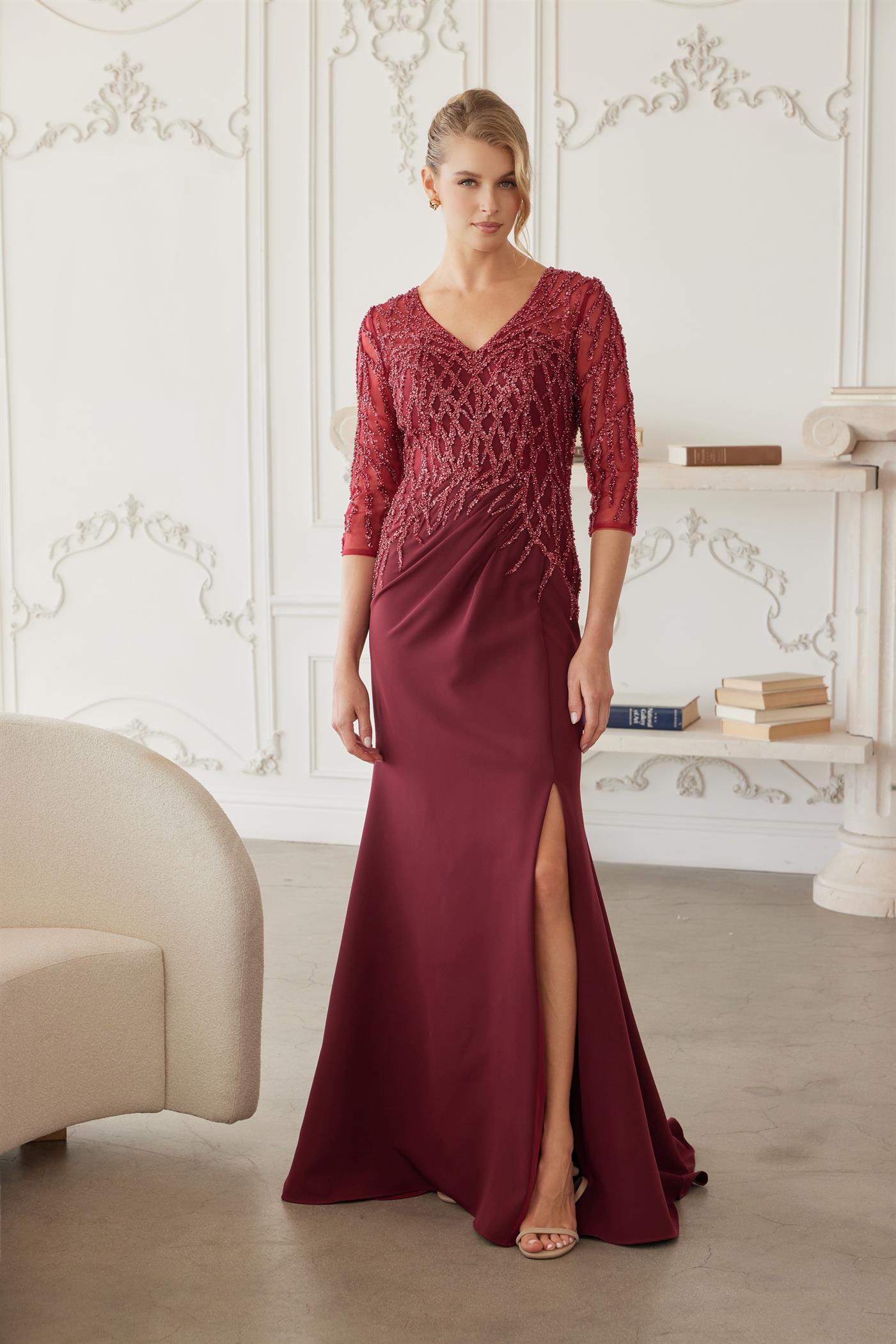 Floor Length Gown with Three Quarter Sleeves V Neckline