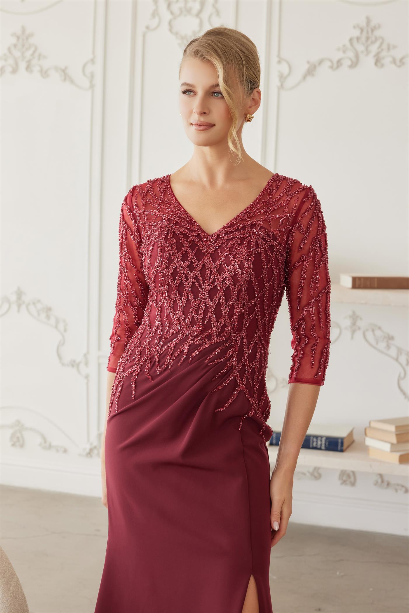 Floor Length Gown with Three Quarter Sleeves V Neckline — Nox Anabel MH161