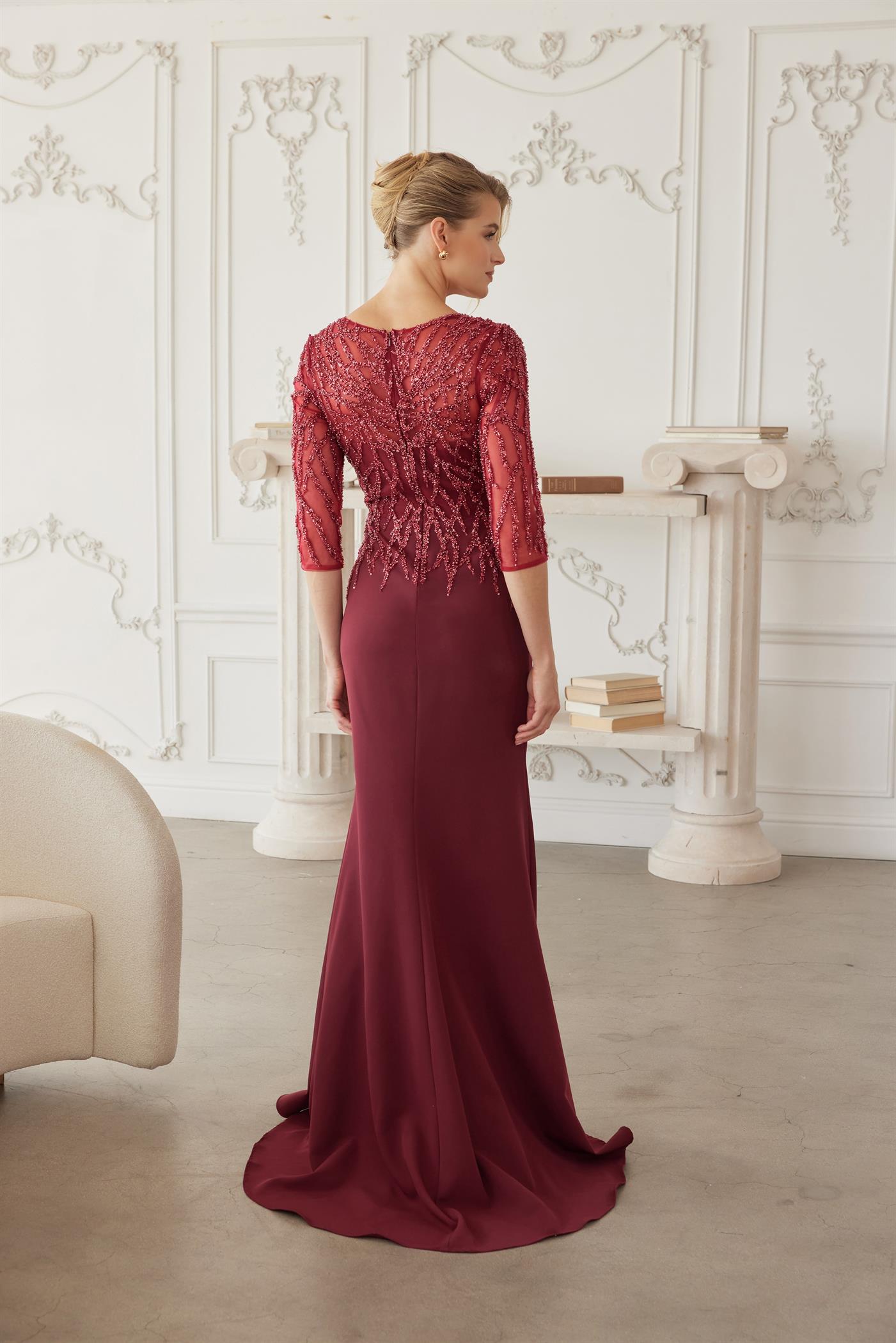 Floor Length Gown with Three Quarter Sleeves V Neckline — Nox Anabel MH161