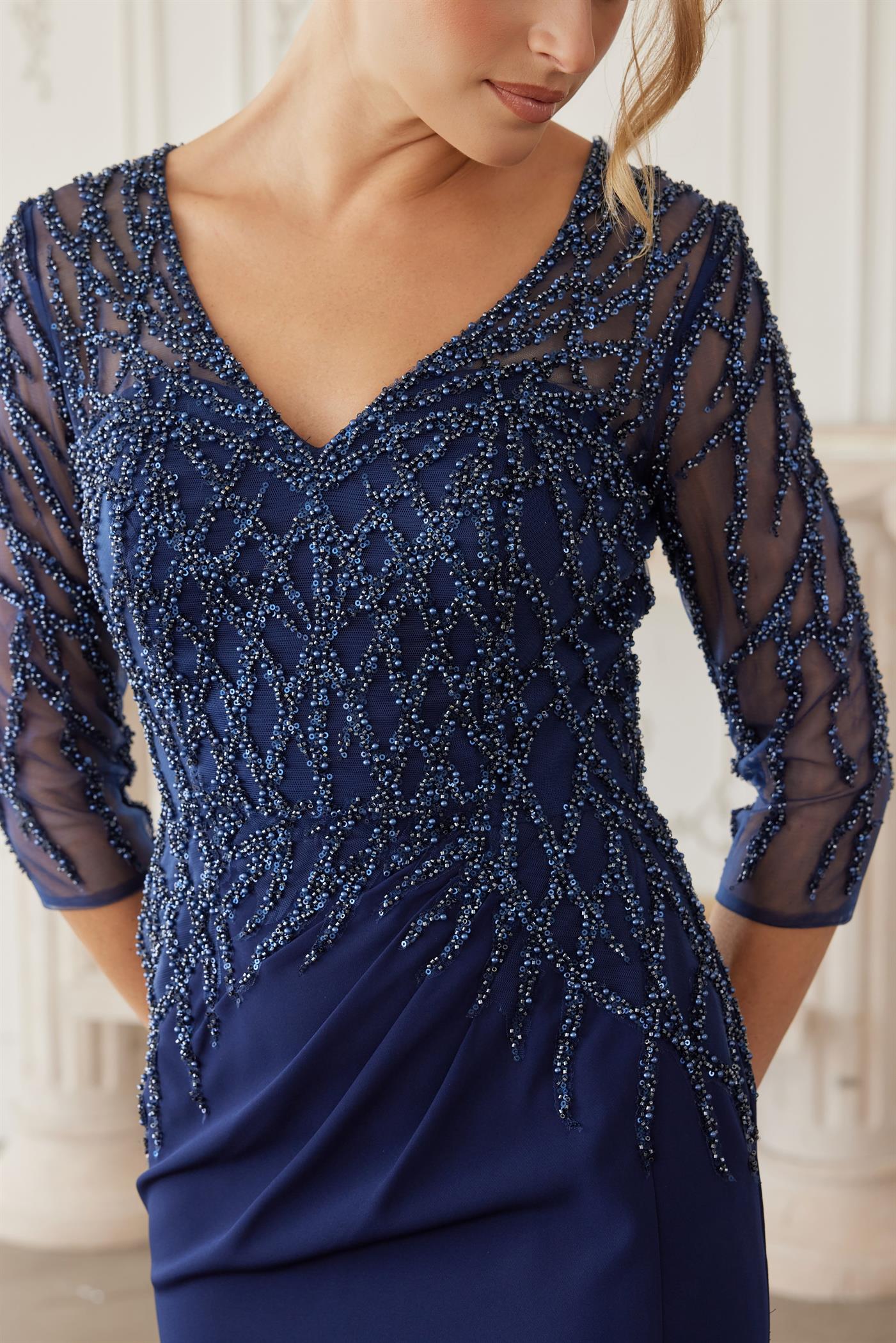 Floor Length Gown with Three Quarter Sleeves V Neckline — Nox Anabel MH161